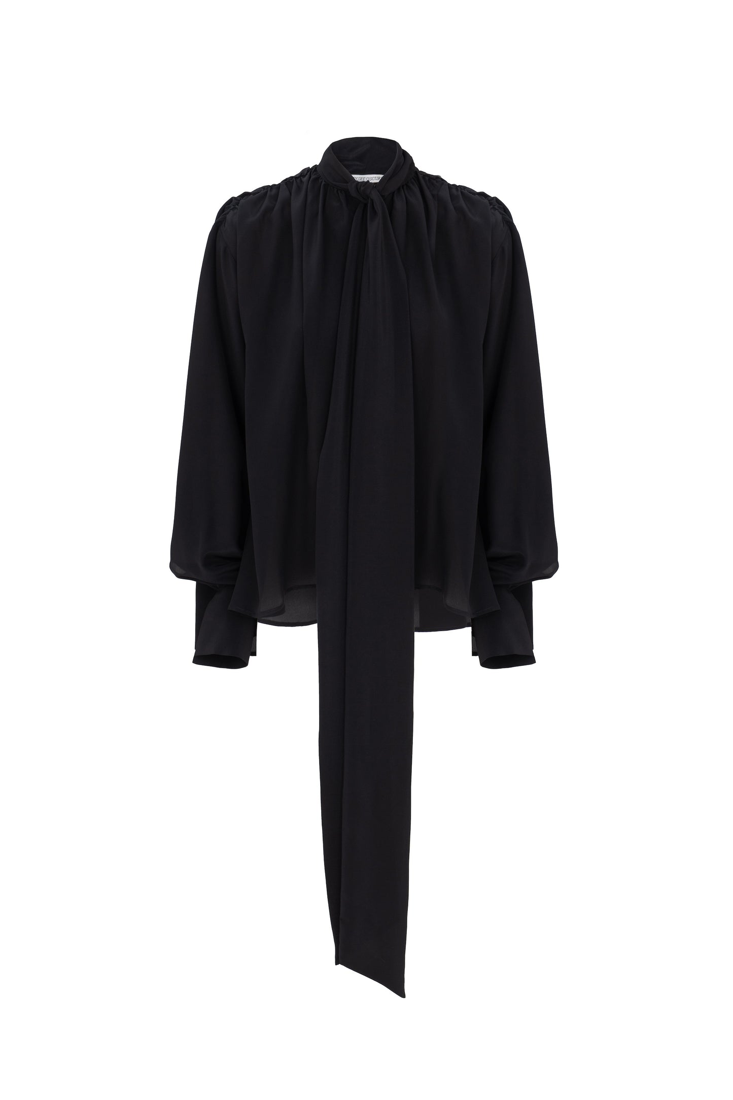 Front view of silk crepe de chine blouse with lavallière bow and ruched shoulders in black by Botteghe Oscure