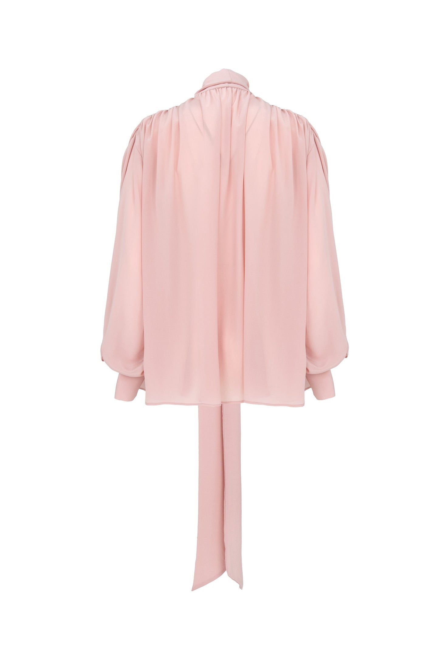 Back view of silk crepe de chine blouse with lavallière bow and ruched shoulders in blush pink by Botteghe Oscure
