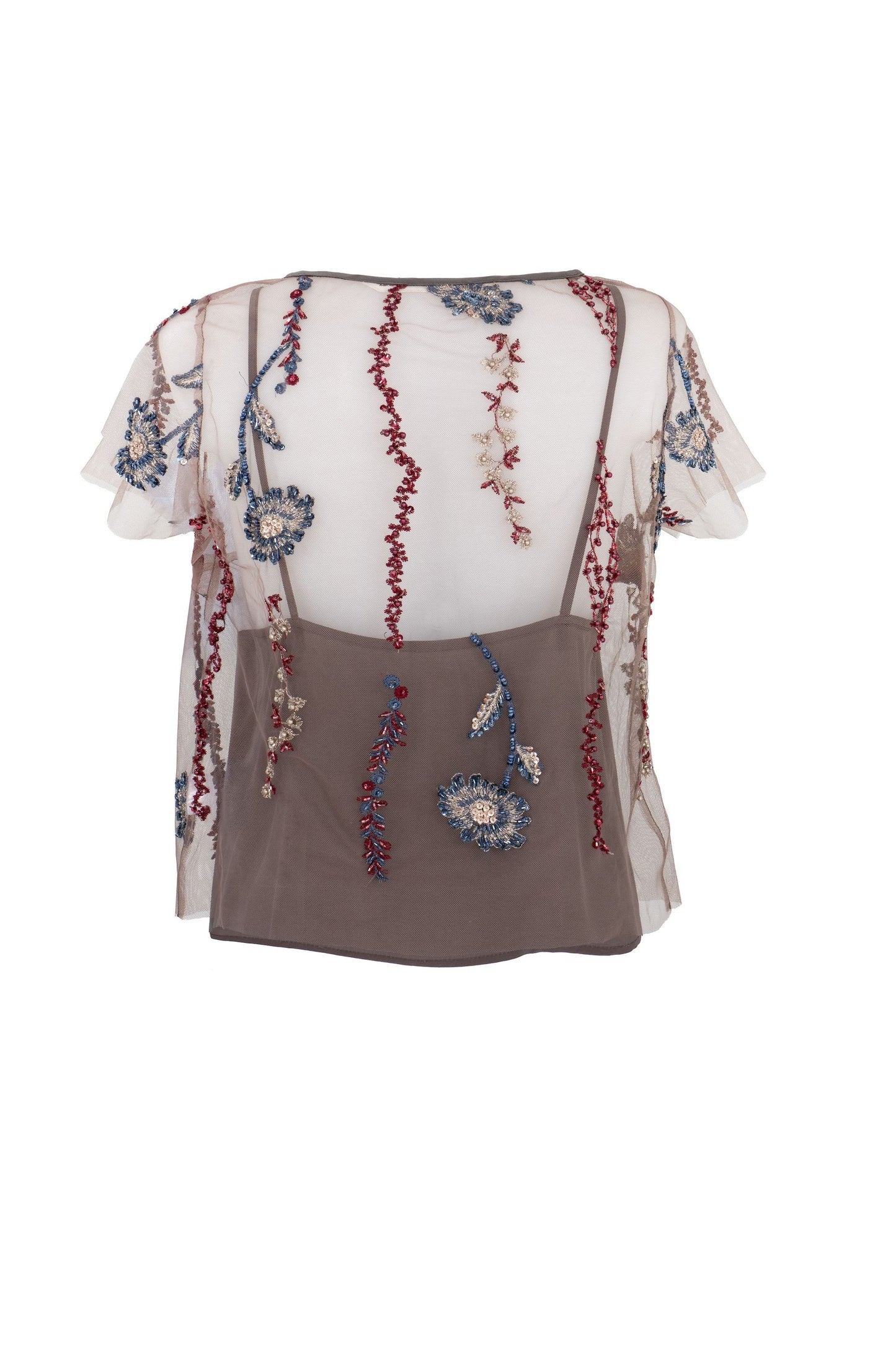 Botteghe Oscure t-shirt made of vintage embroidered tulle with a silk tank top included, back view.