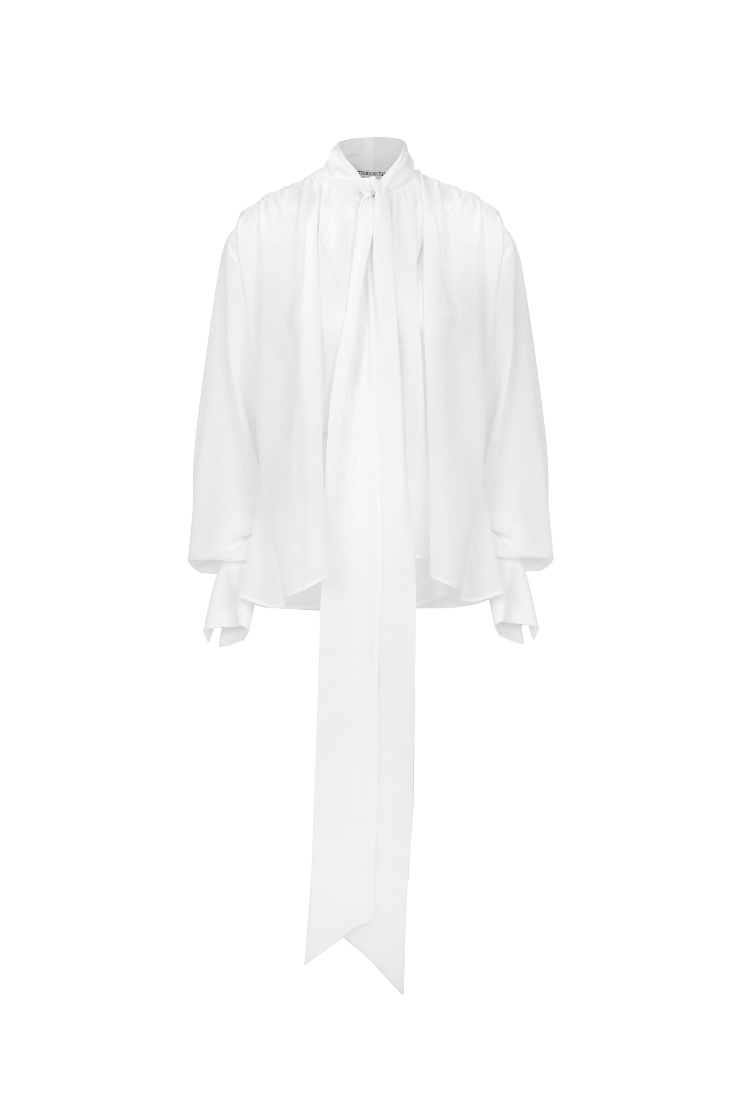 Front view of silk crepe de chine blouse with lavallière bow and ruched shoulders in white by Botteghe Oscure