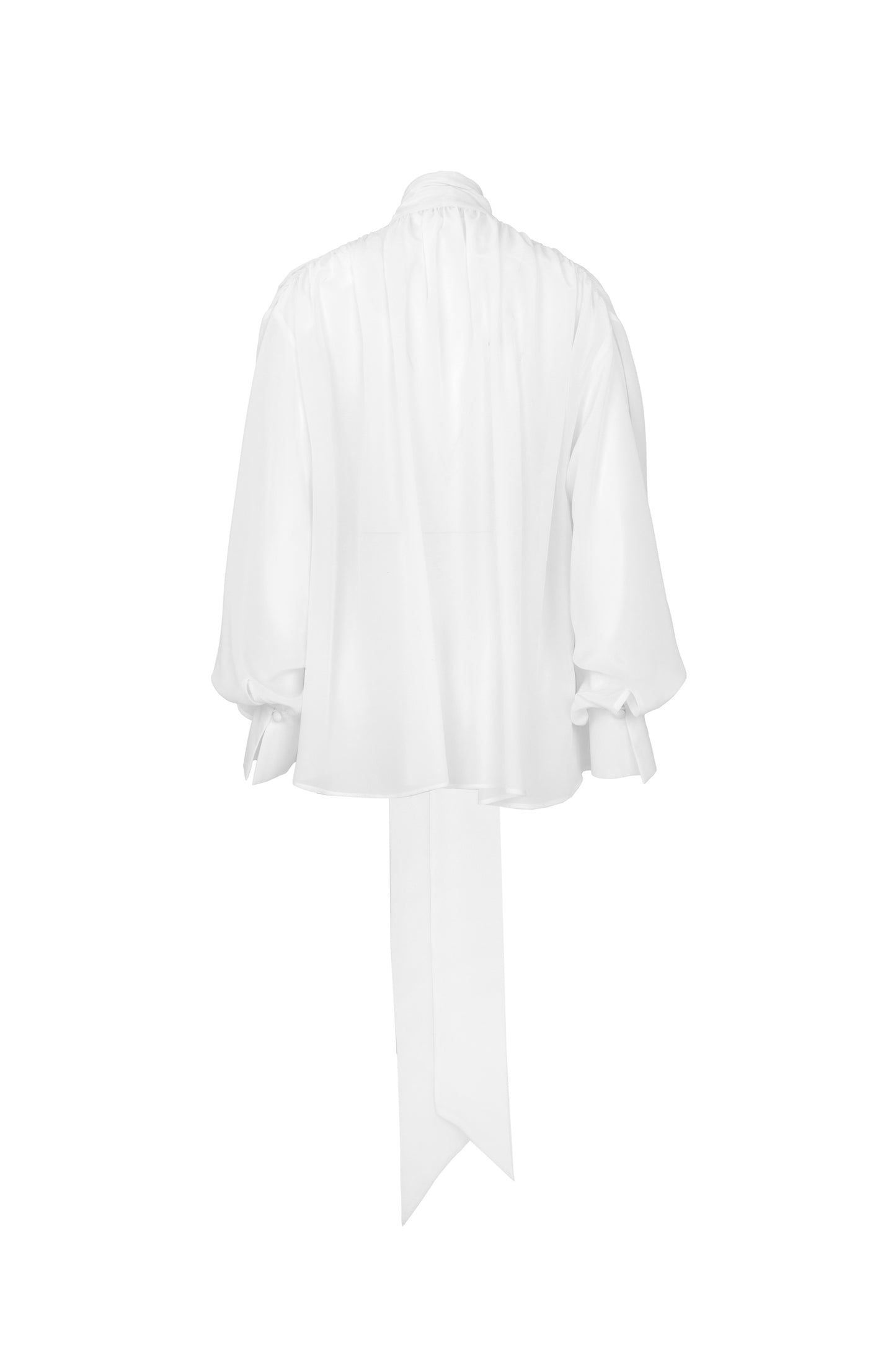 Back view of silk crepe de chine blouse with lavallière bow and ruched shoulders in white by Botteghe Oscure
