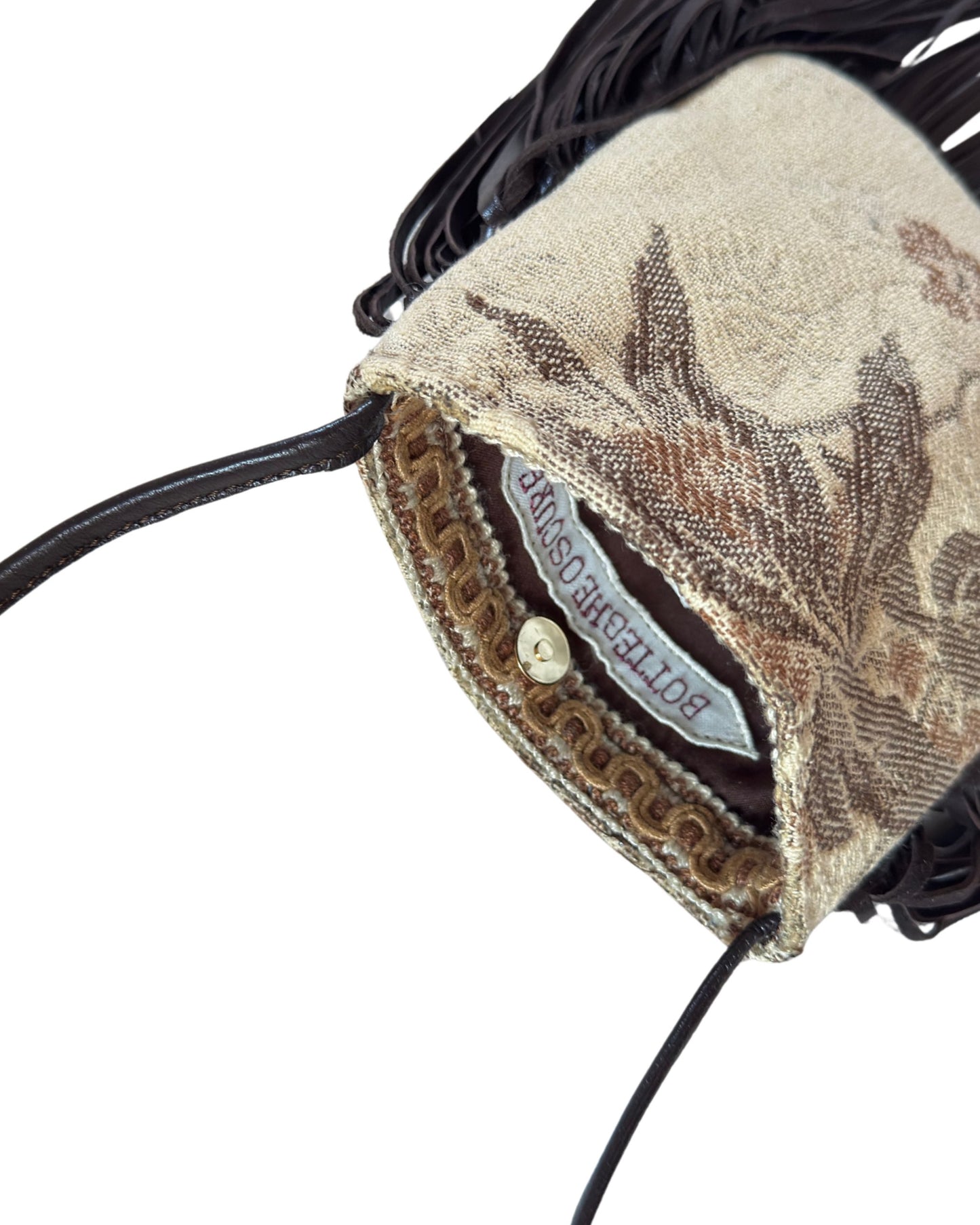 Mini crossbody bag in vintage jacquard with nappa leather details and fringes, one of a kind by Botteghe oscure