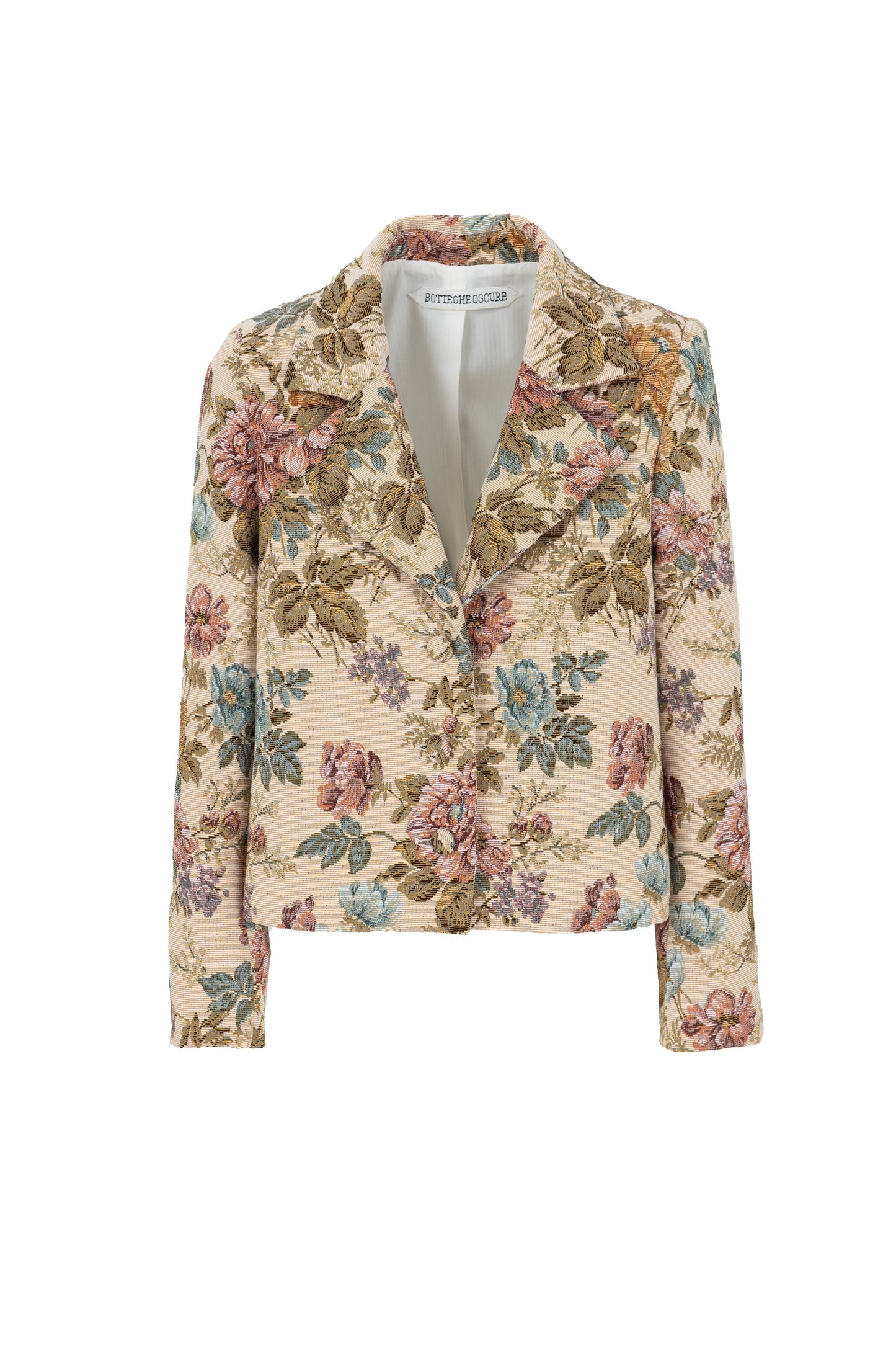 Front view of floral jacquard blazer by Botteghe Oscure with structured shoulders and vintage tapestry pattern.