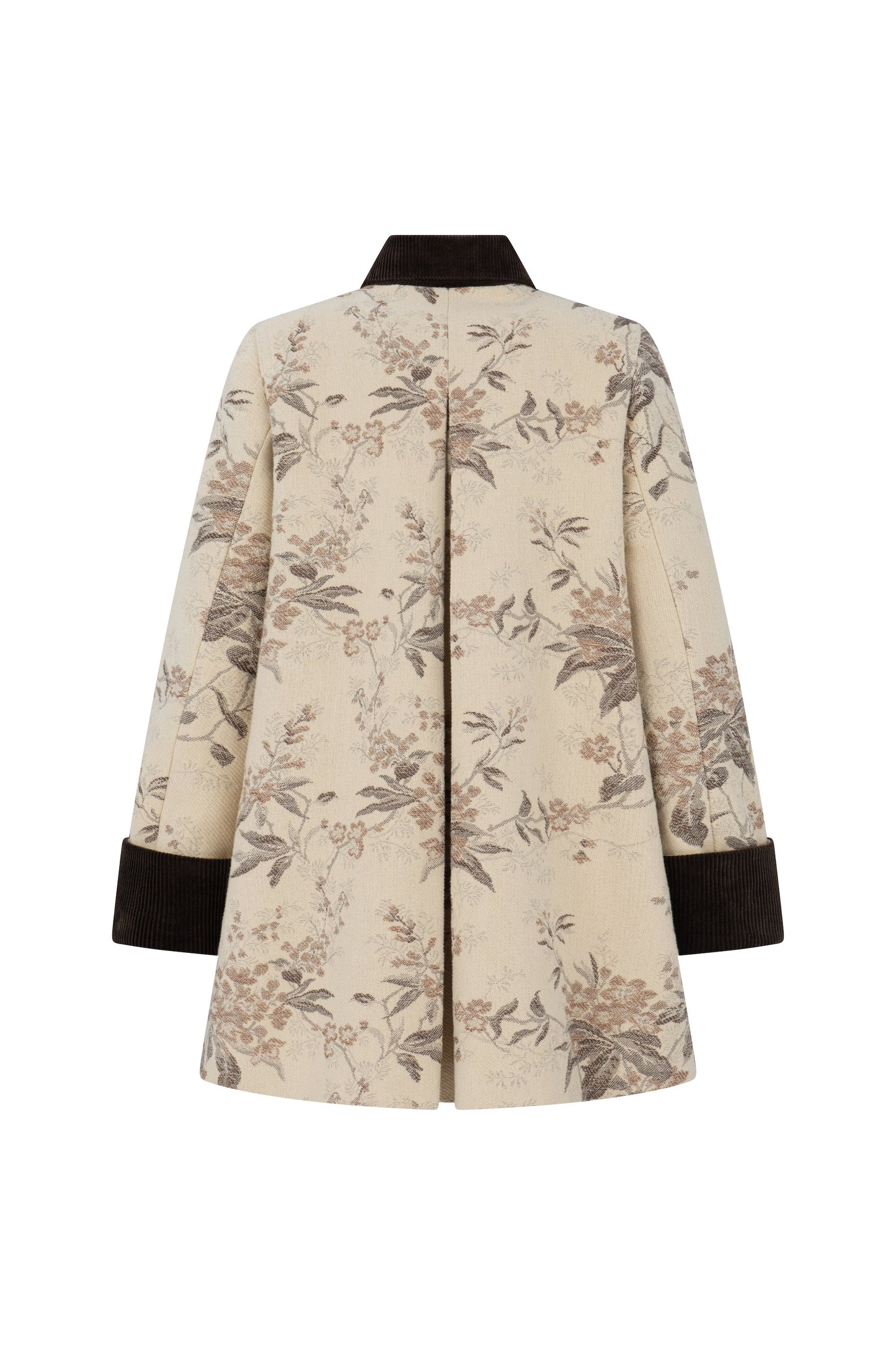 Botteghe Oscure one-of-a-kind field jacket in vintage tapestry fabric, back view with botanical pattern and velvet collar and cuffs