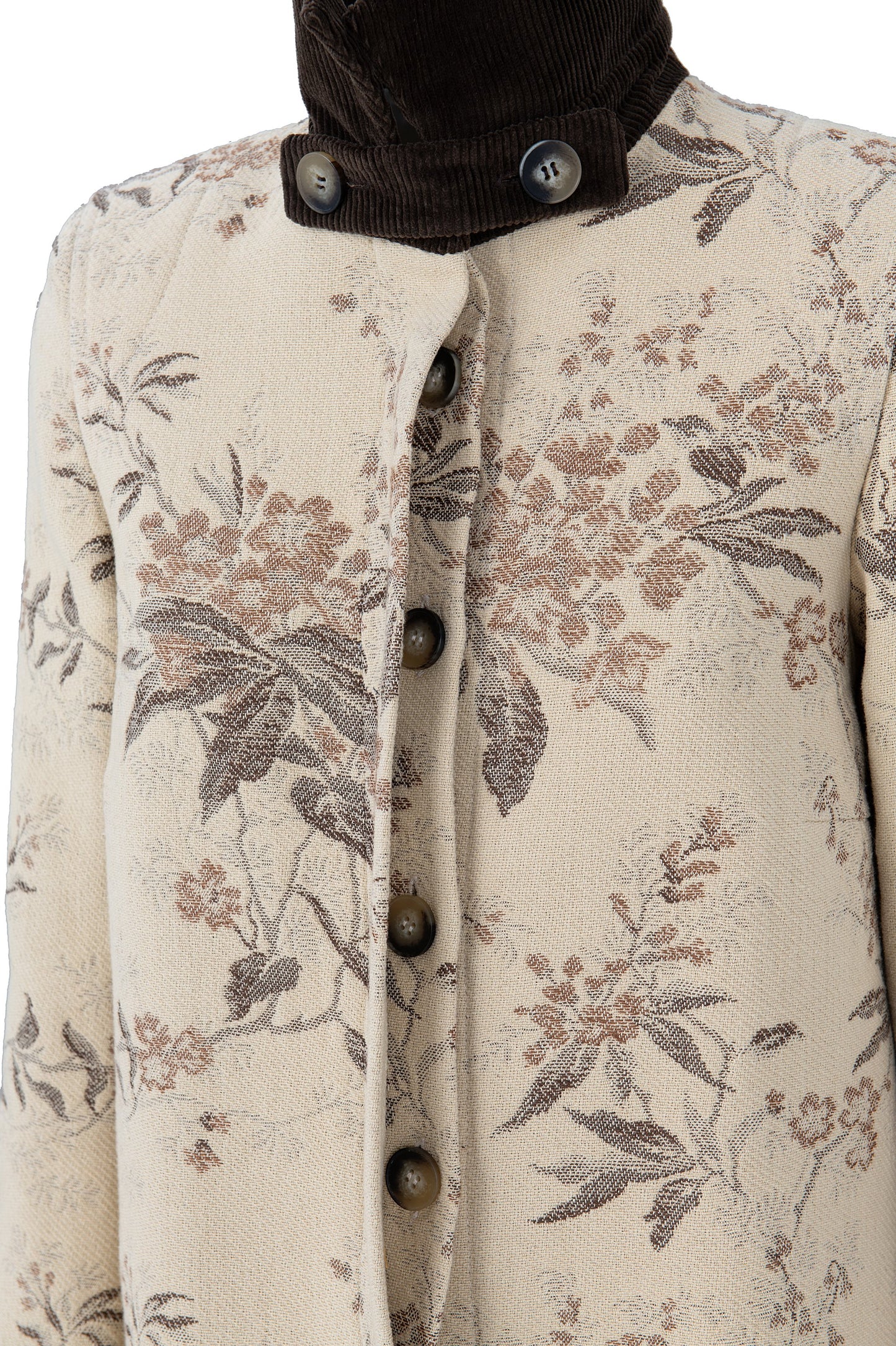 Botteghe Oscure one-of-a-kind field jacket in vintage tapestry fabric, details, with botanical pattern and velvet collar and cuffs