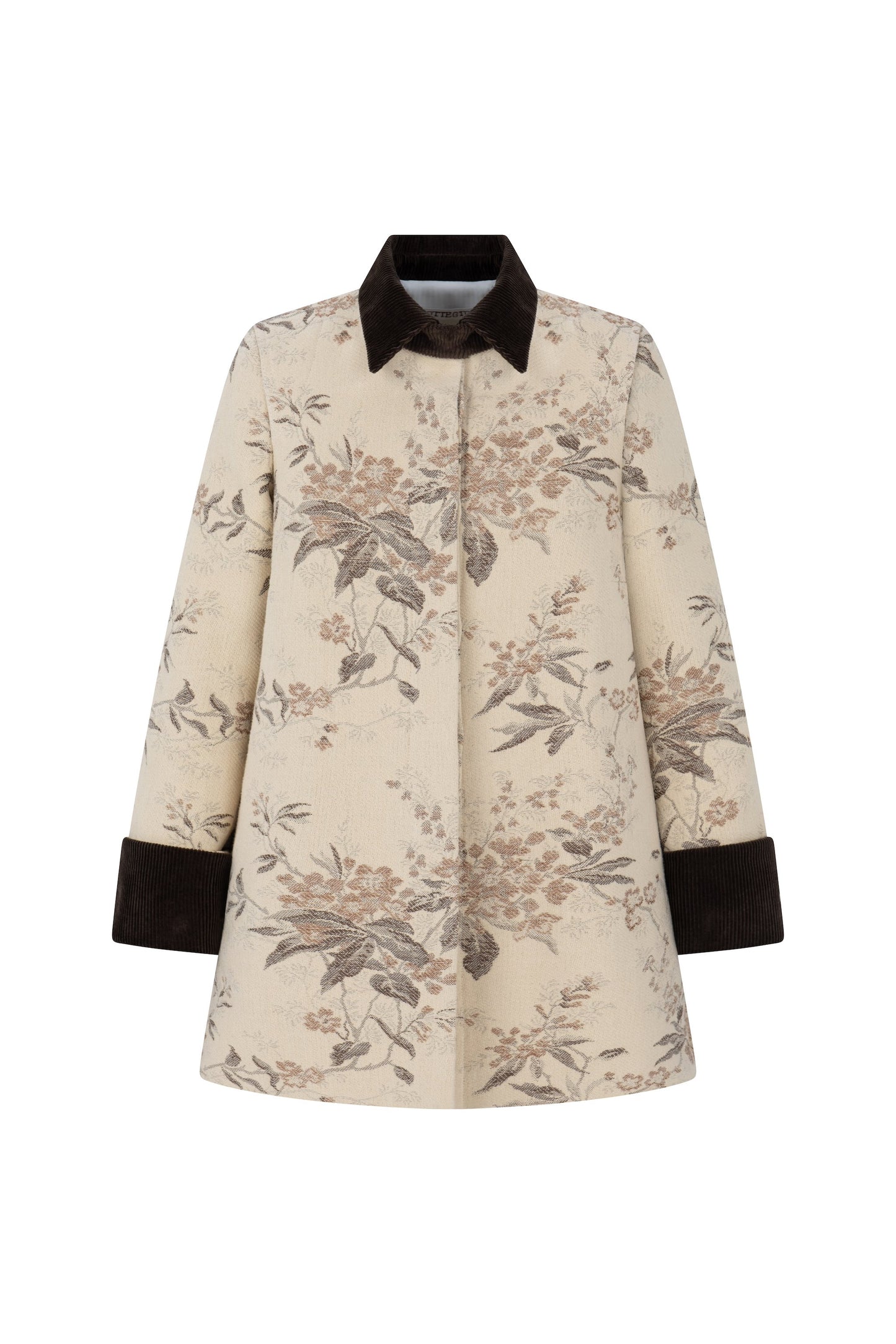 Botteghe Oscure one-of-a-kind field jacket in vintage tapestry fabric, front view with botanical pattern and velvet collar and cuffs