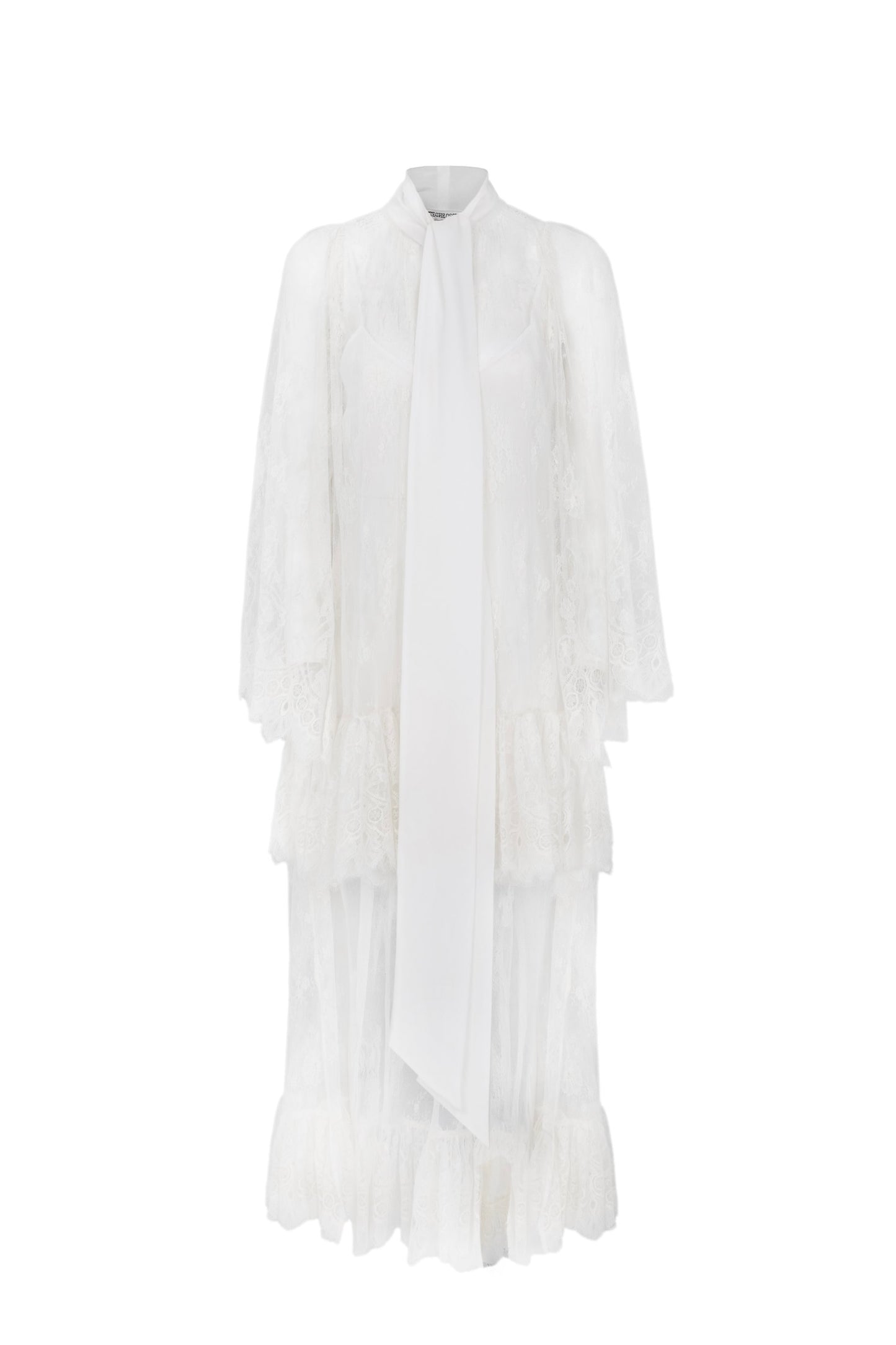 Estella asymmetrical dress in french chantilly lace with silk scarf and silk petticoat by Botteghe Oscure