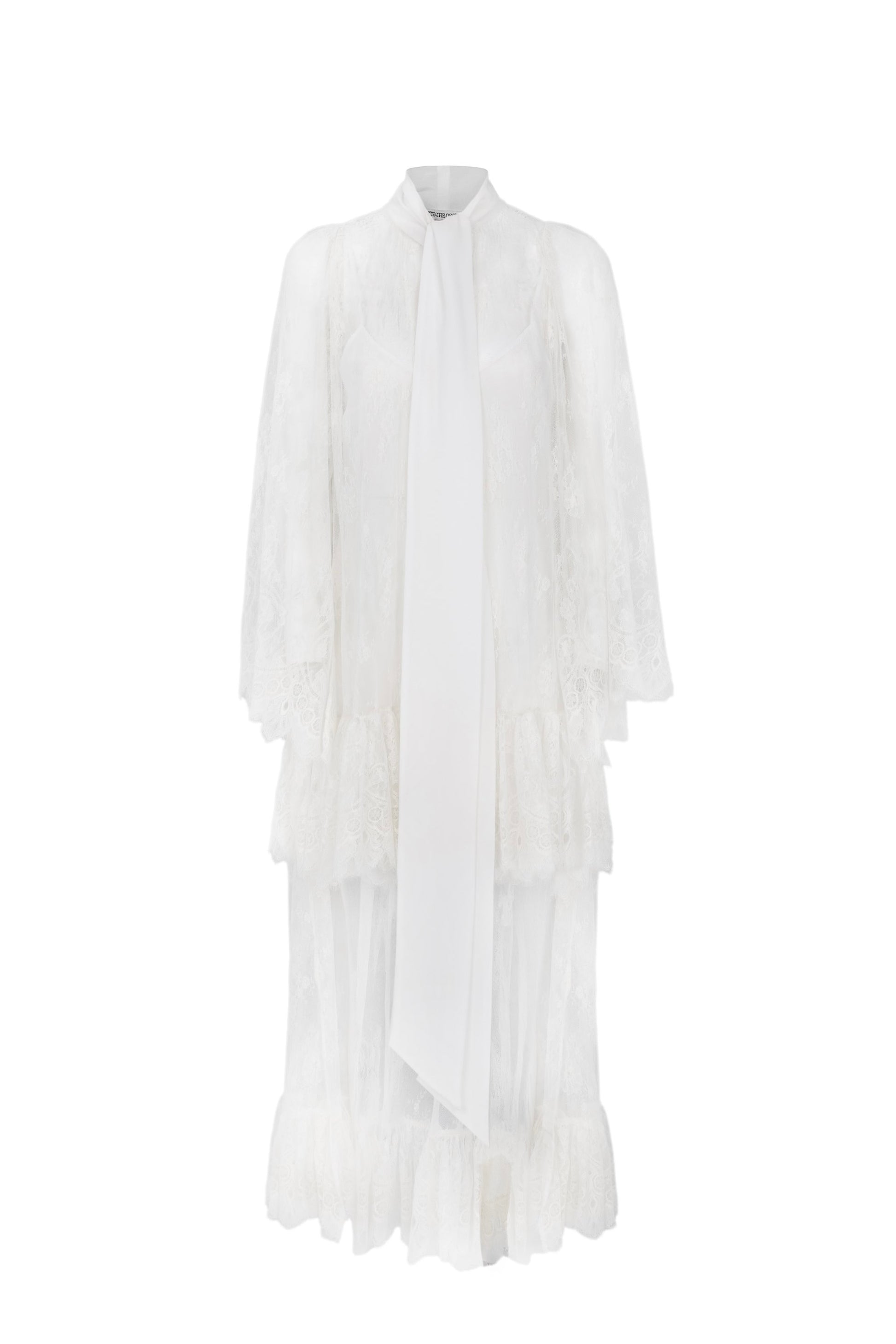 Estella asymmetrical dress in french chantilly lace with silk scarf and silk petticoat by Botteghe Oscure