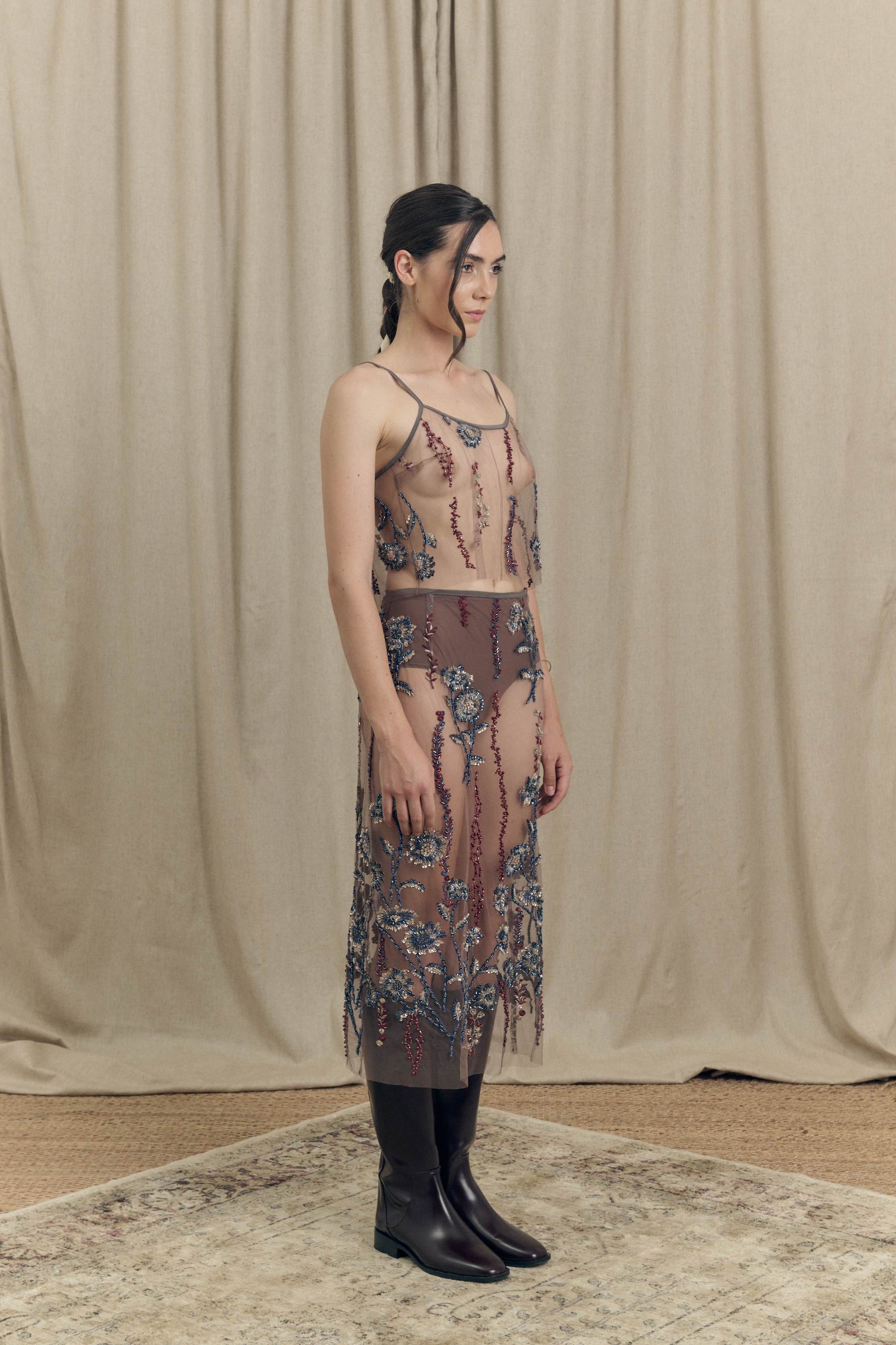 Botteghe Oscure vintage hand-embroidered tulle skirt and tank top with floral motifs, worn front view, sheer layered design.