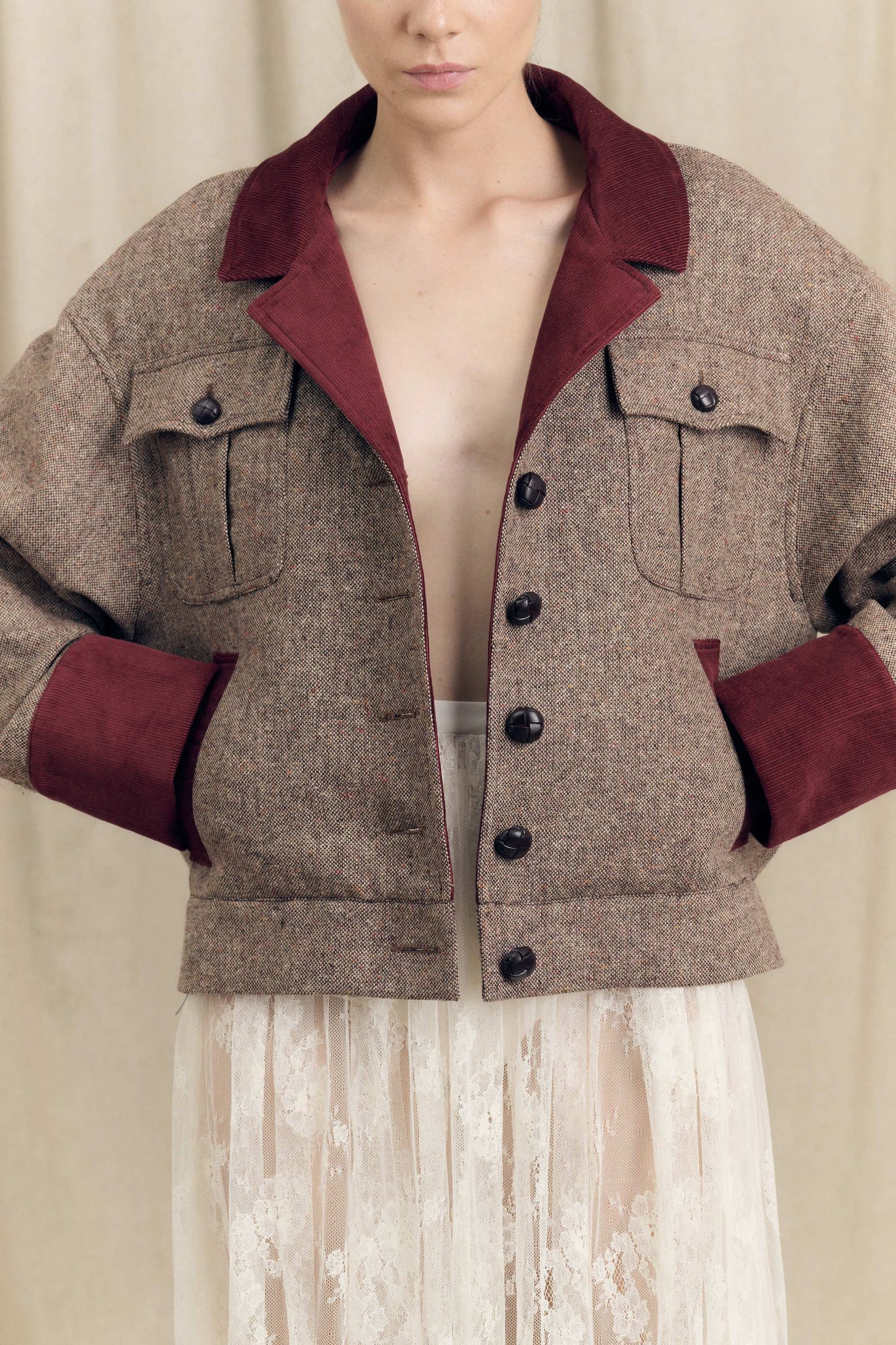 Oversized tweed bomber jacket front detail leather buttons Botteghe Oscure
