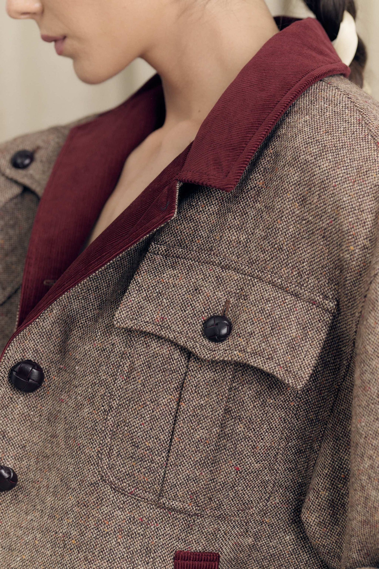 Tweed bomber jacket velvet collar detail Botteghe Oscure

