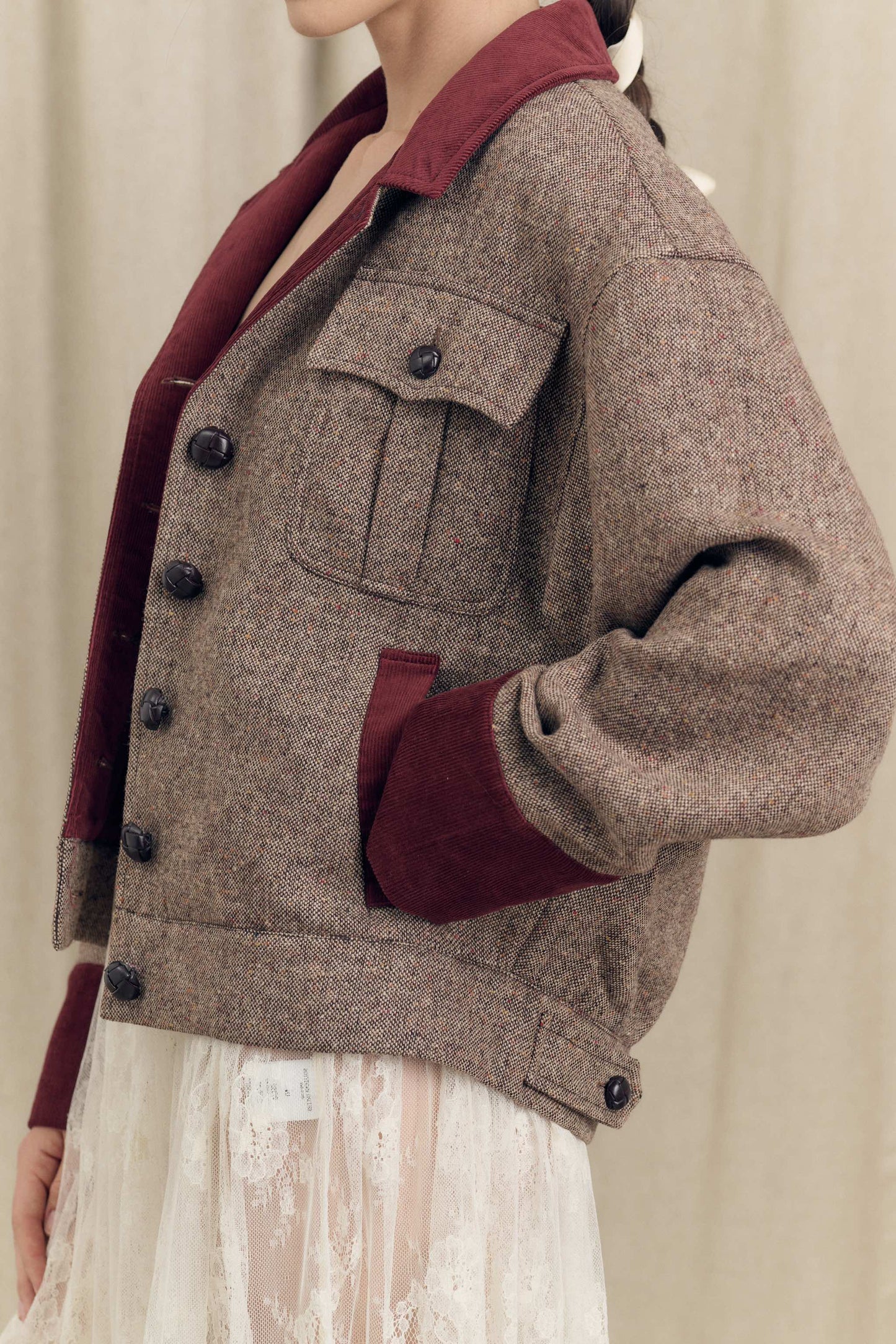 Tweed bomber jacket velvet pocket detail Botteghe Oscure
