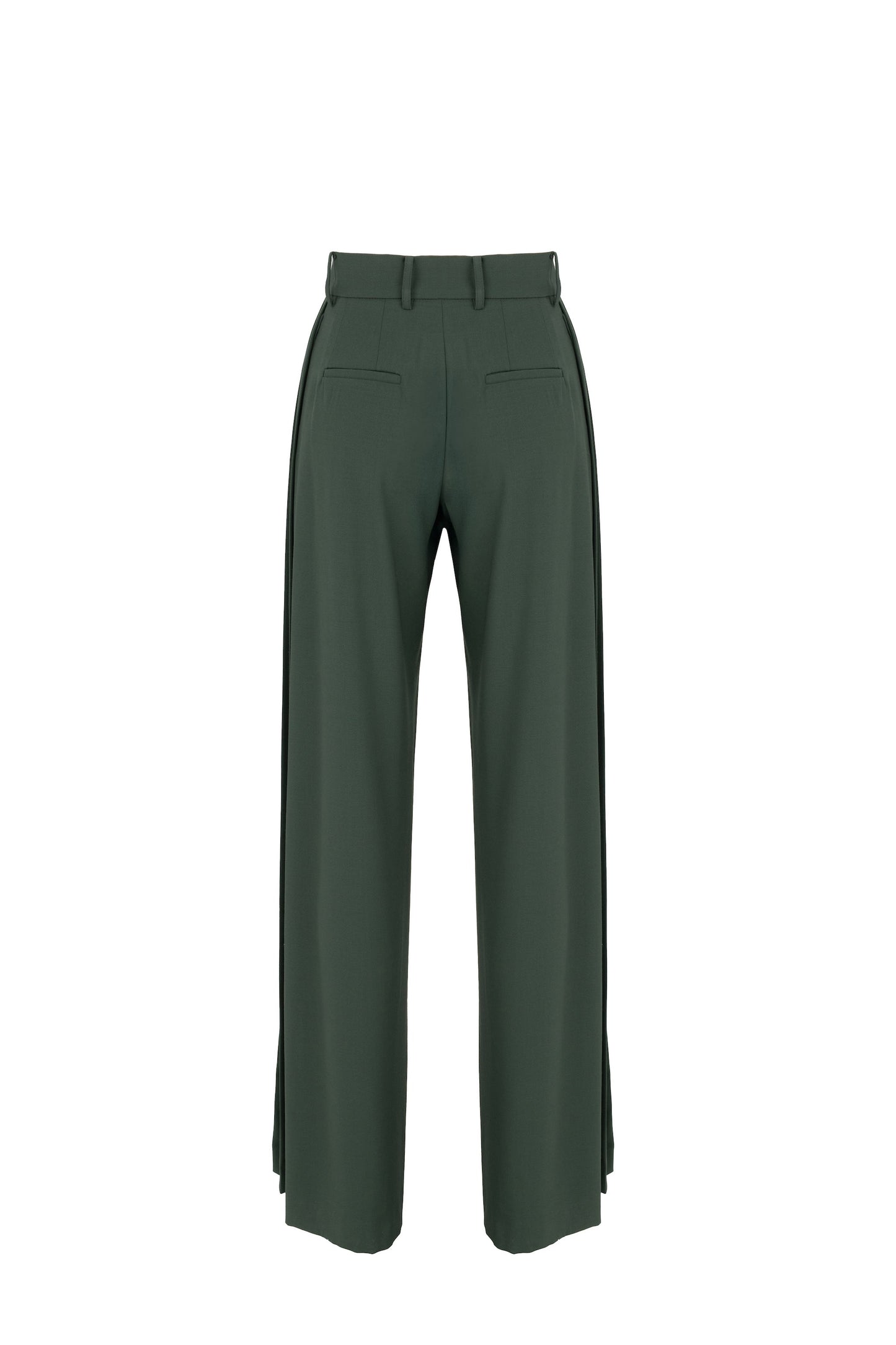 Side view of tailored flare trousers in virgin wool with deep side pleats and high waist. Soft structure and elegant movement. Botteghe Oscure, Made in Italy.