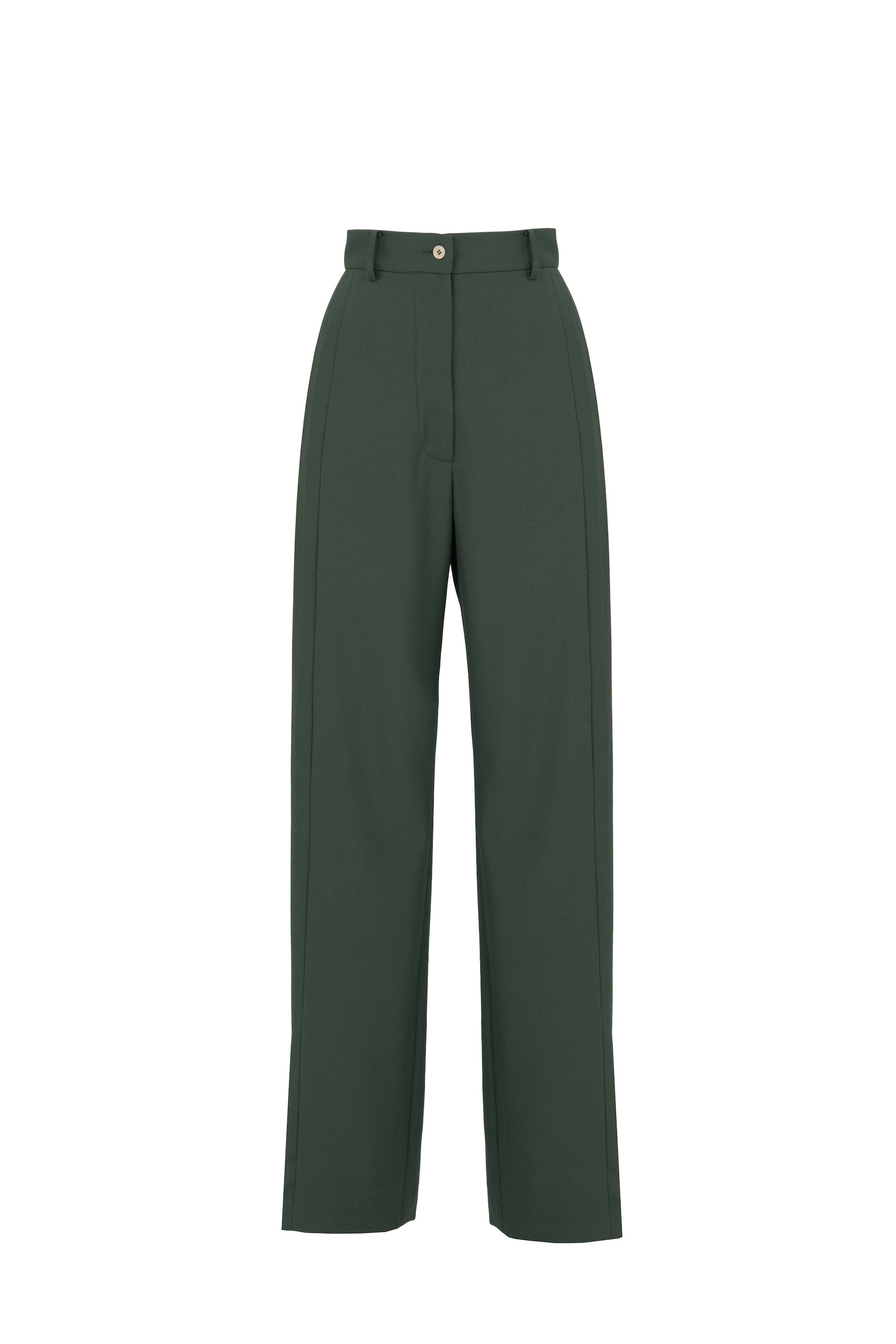 Front view of tailored flare trousers in virgin wool with deep side pleats and high waist. Soft structure and elegant movement. Botteghe Oscure, Made in Italy.