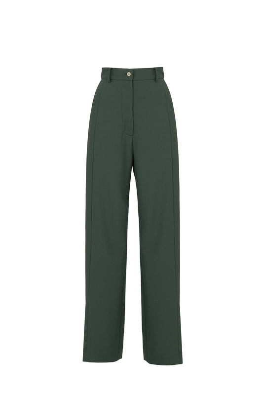 Front view of tailored flare trousers in virgin wool with deep side pleats and high waist. Soft structure and elegant movement. Botteghe Oscure, Made in Italy.