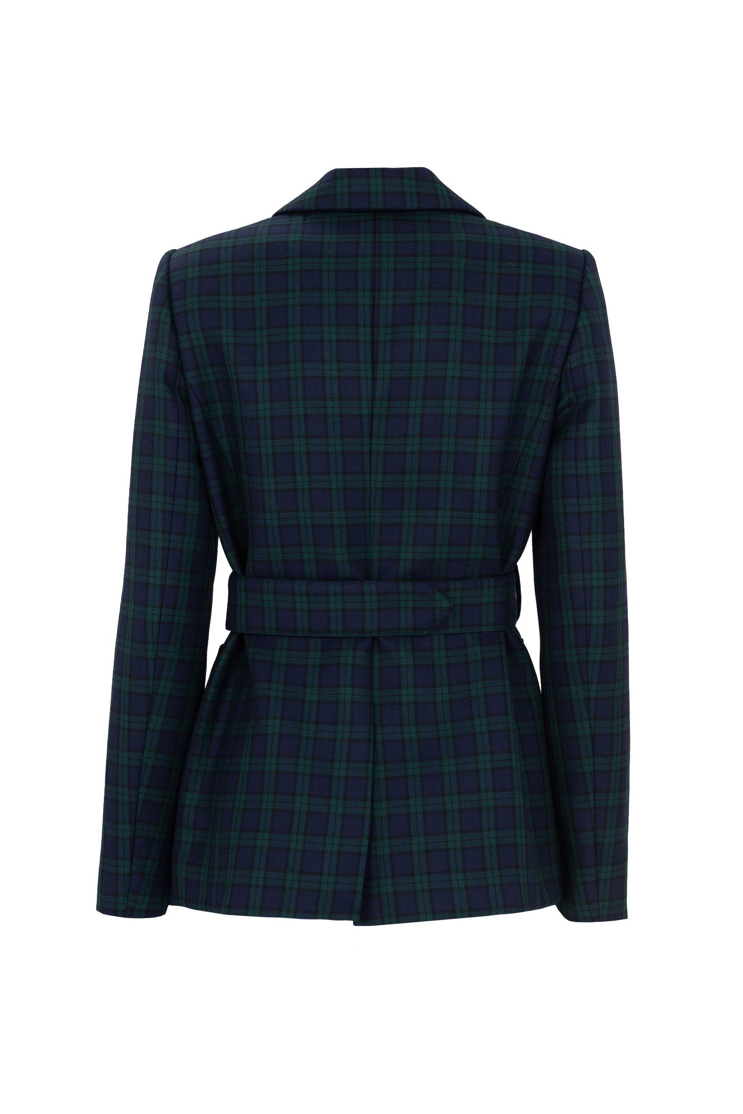 Belted military blazer in navy and green Black Watch tartan wool, back view with matching fabric belt by Botteghe Oscure.