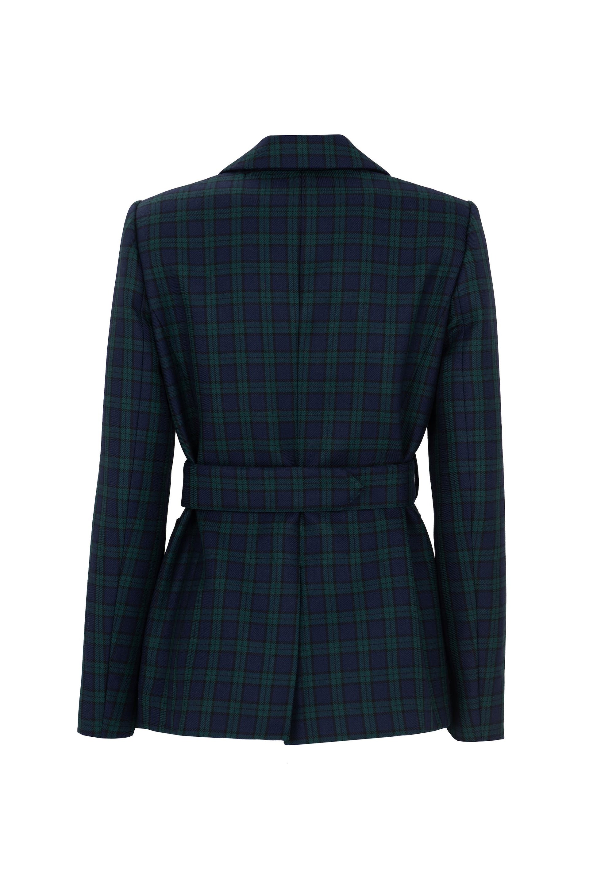 Belted military blazer in navy and green Black Watch tartan wool, back view with matching fabric belt by Botteghe Oscure.