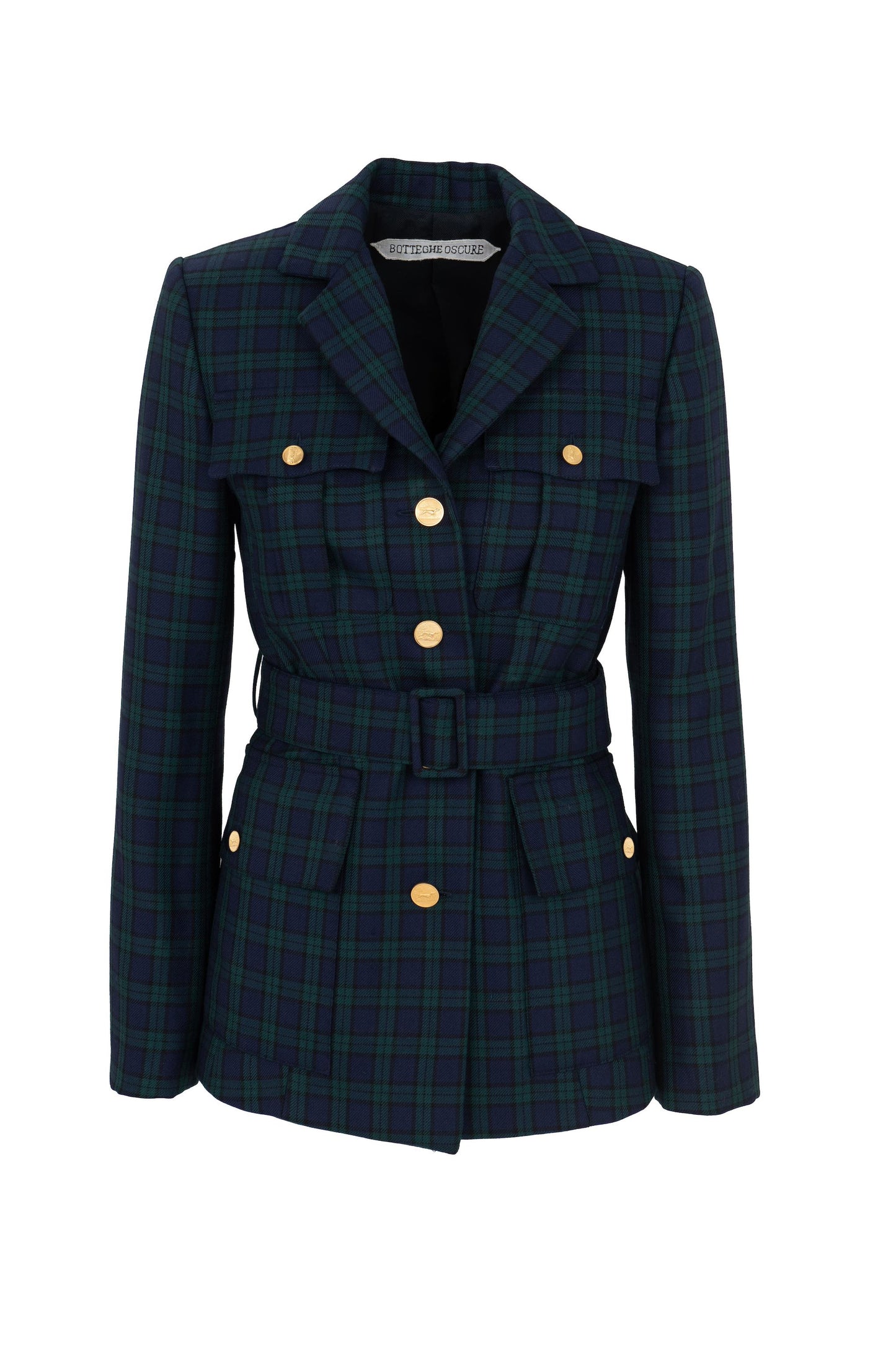 Belted military blazer in Black Watch tartan wool, front view with gold buttons and four pockets by Botteghe Oscure.