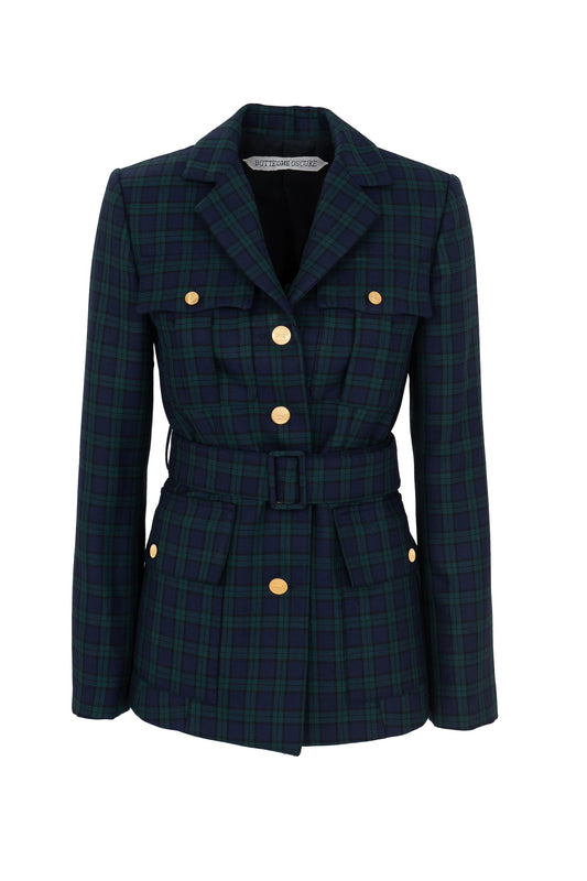 Belted military blazer in Black Watch tartan wool, front view with gold buttons and four pockets by Botteghe Oscure.