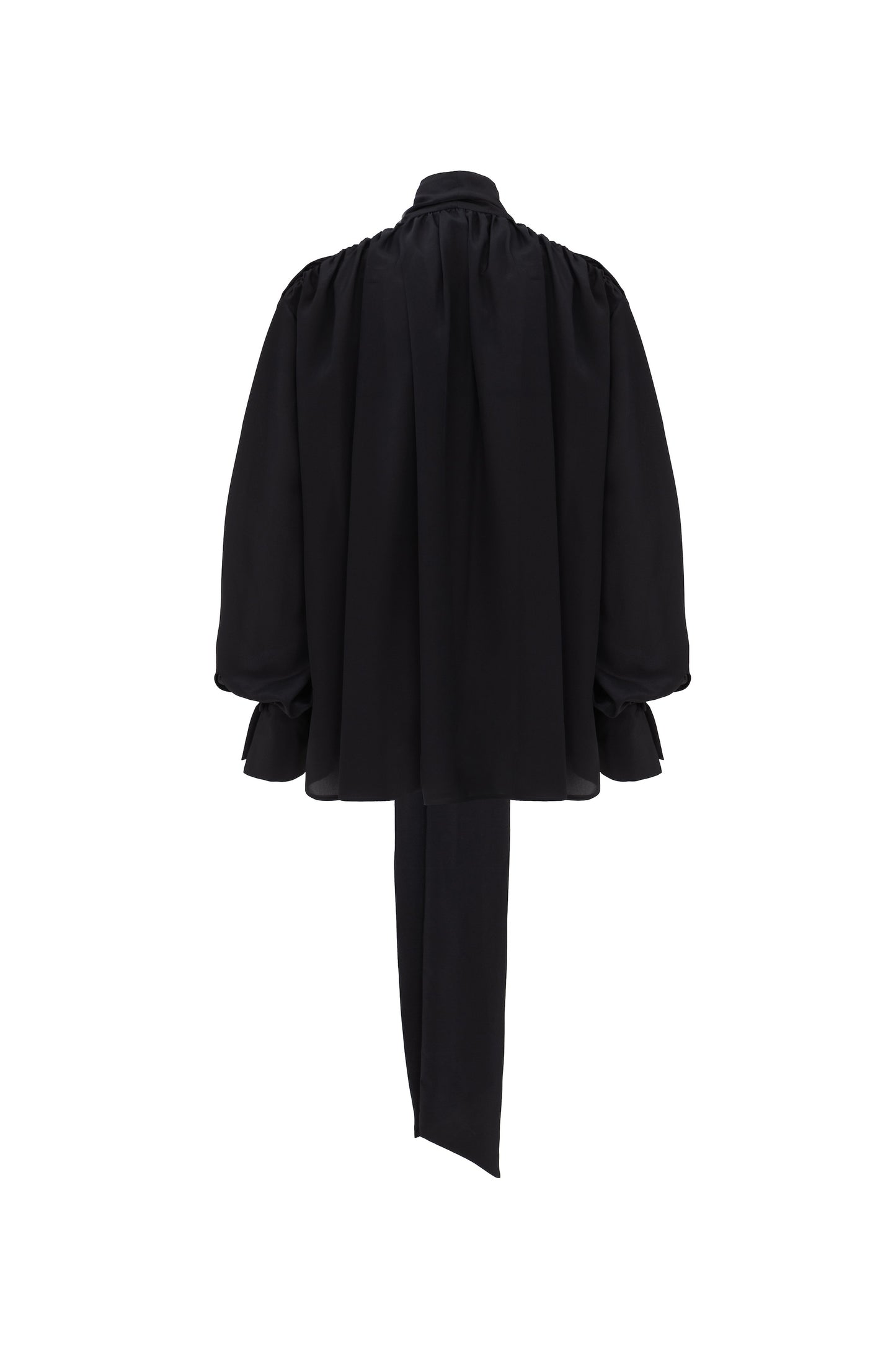 Back view of silk crepe de chine blouse with lavallière bow and ruched shoulders in black by Botteghe Oscure