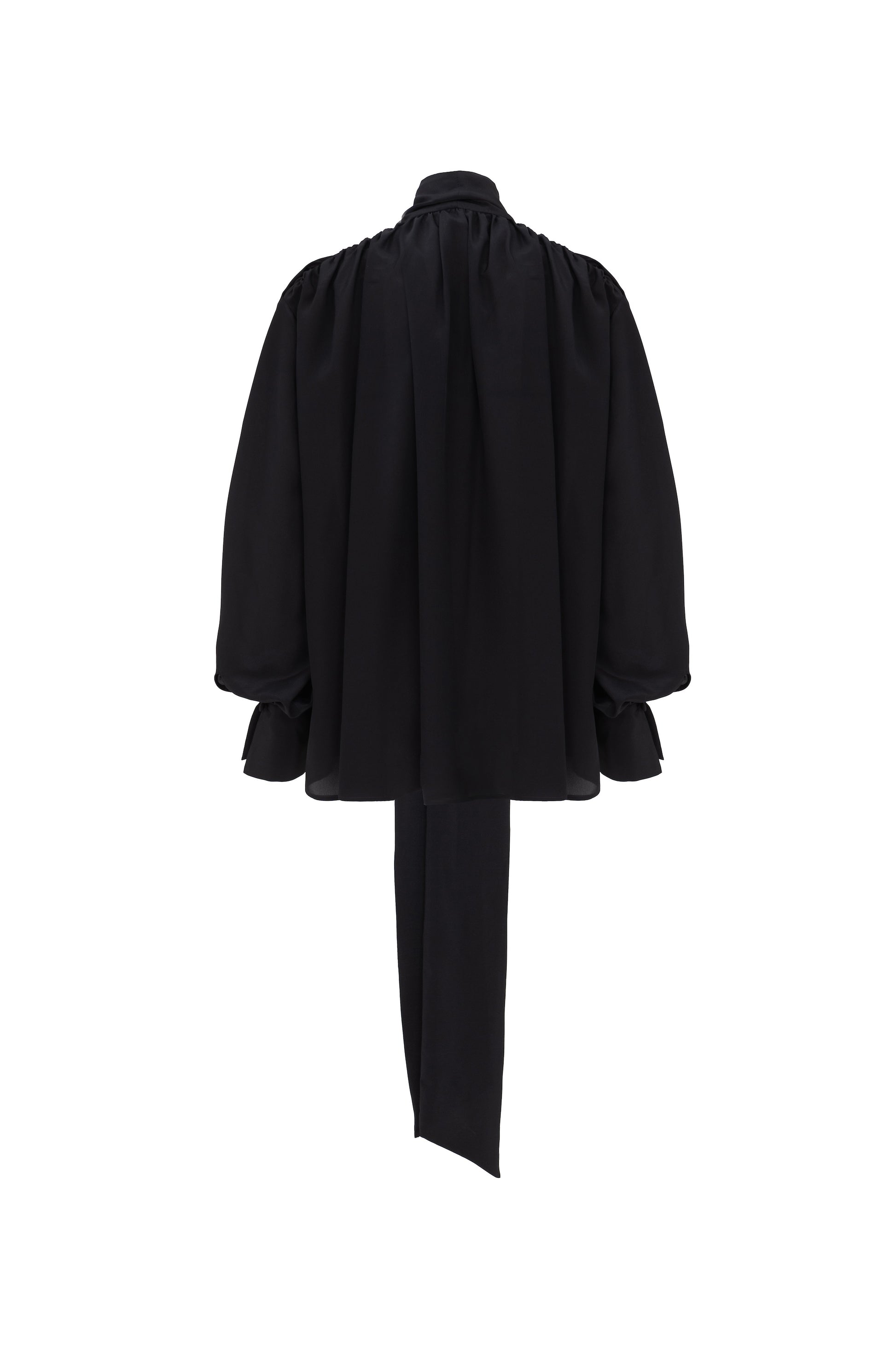 Back view of silk crepe de chine blouse with lavallière bow and ruched shoulders in black by Botteghe Oscure
