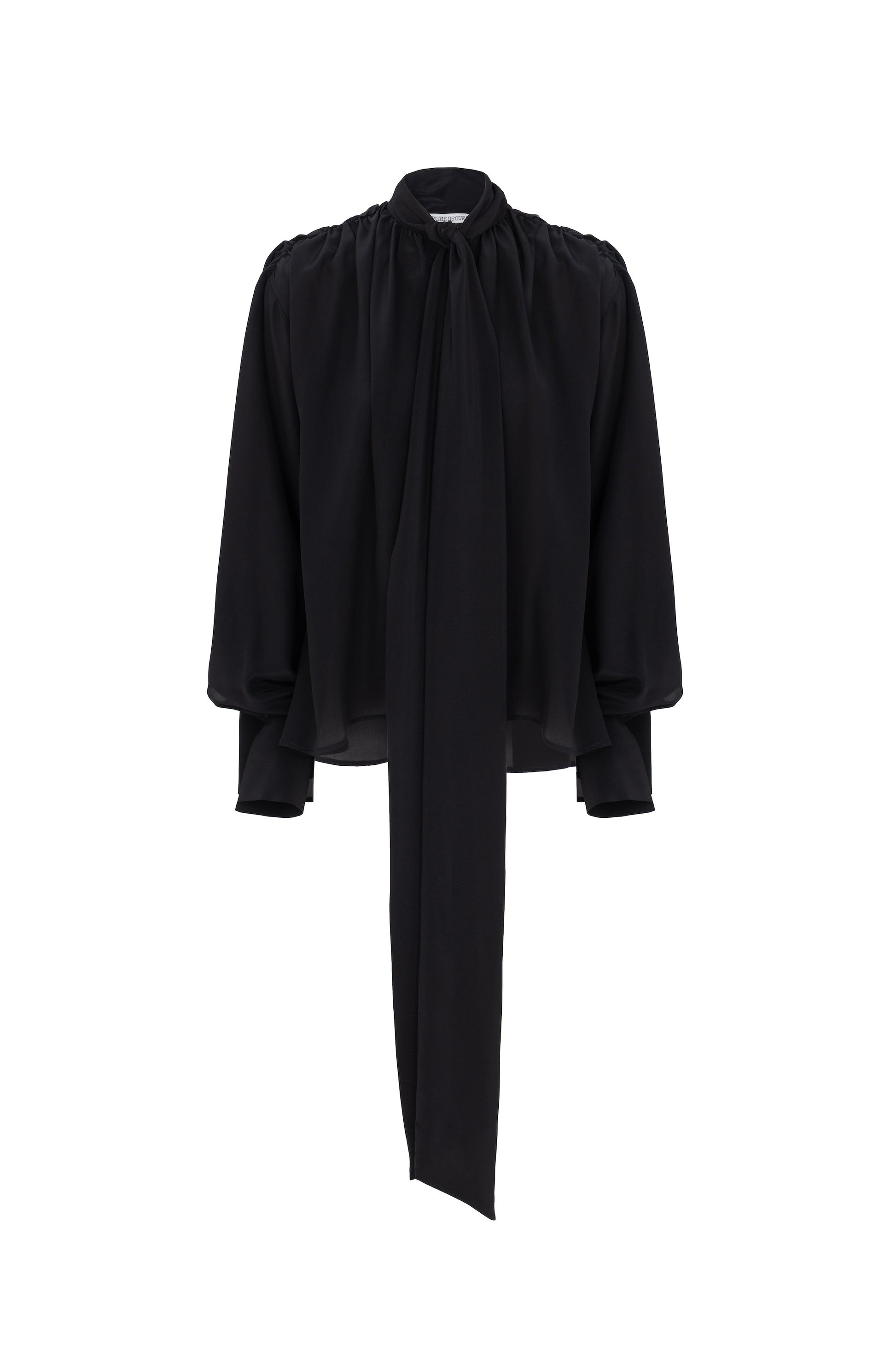 Front view of silk crepe de chine blouse with lavallière bow and ruched shoulders in black by Botteghe Oscure