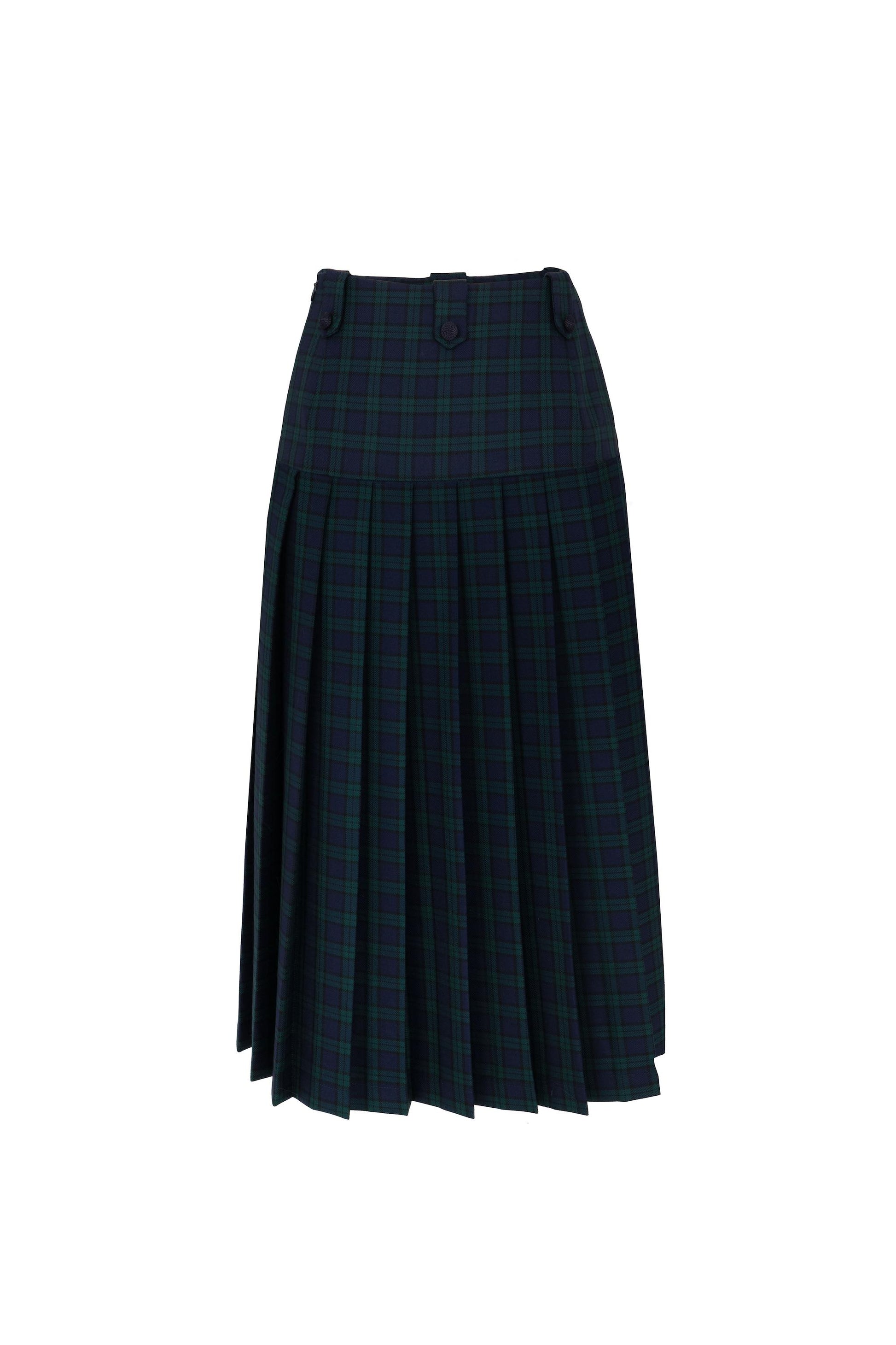 Back view of the Botteghe Oscure Black Watch tartan pleated skirt in dark blue and green wool.