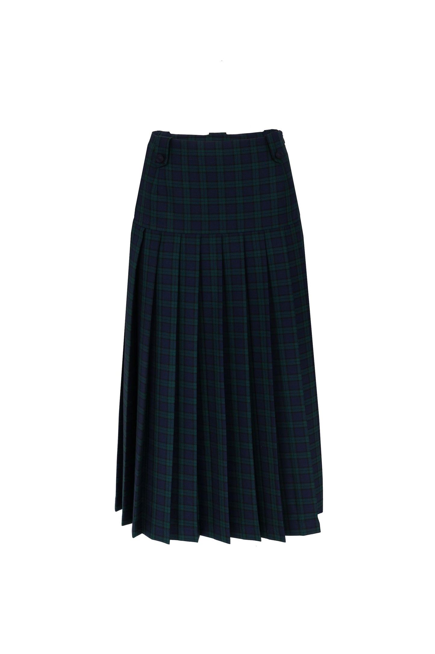 Front view of the Botteghe Oscure pleated skirt in Black Watch tartan wool with viscose passementerie buttons.