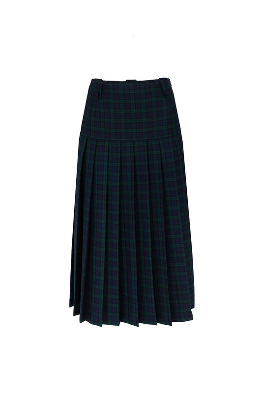 Front view of the Botteghe Oscure pleated skirt in Black Watch tartan wool with viscose passementerie buttons.