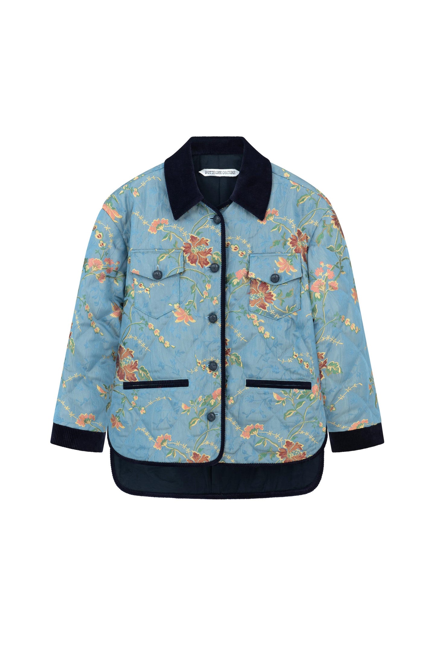Front view of the Botteghe Oscure workwear quilted jacket in blu floral lampas cotton with velvet details and leather braided buttons.