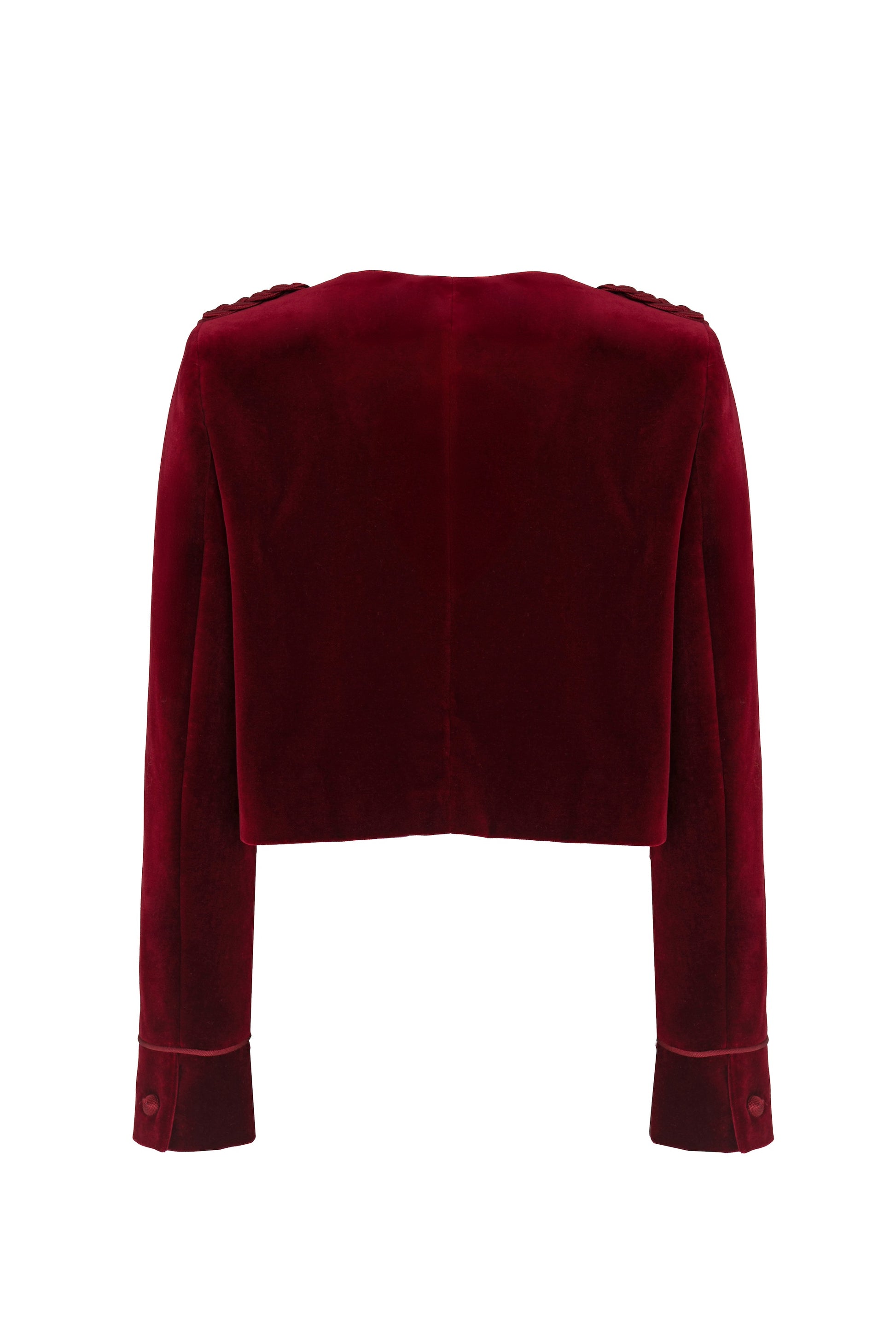 otteghe Oscure Brandebourg jacket in bordeaux velvet, cropped boxy fit, clean back view.