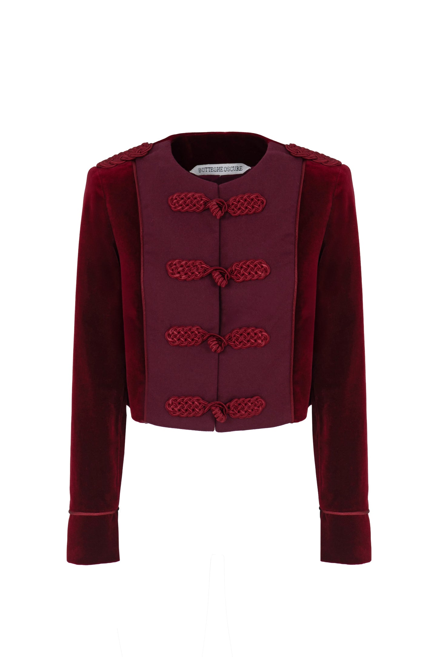 Botteghe Oscure Brandebourg jacket in bordeaux velvet with handcrafted braided frog closures, cropped boxy silhouette, front view.