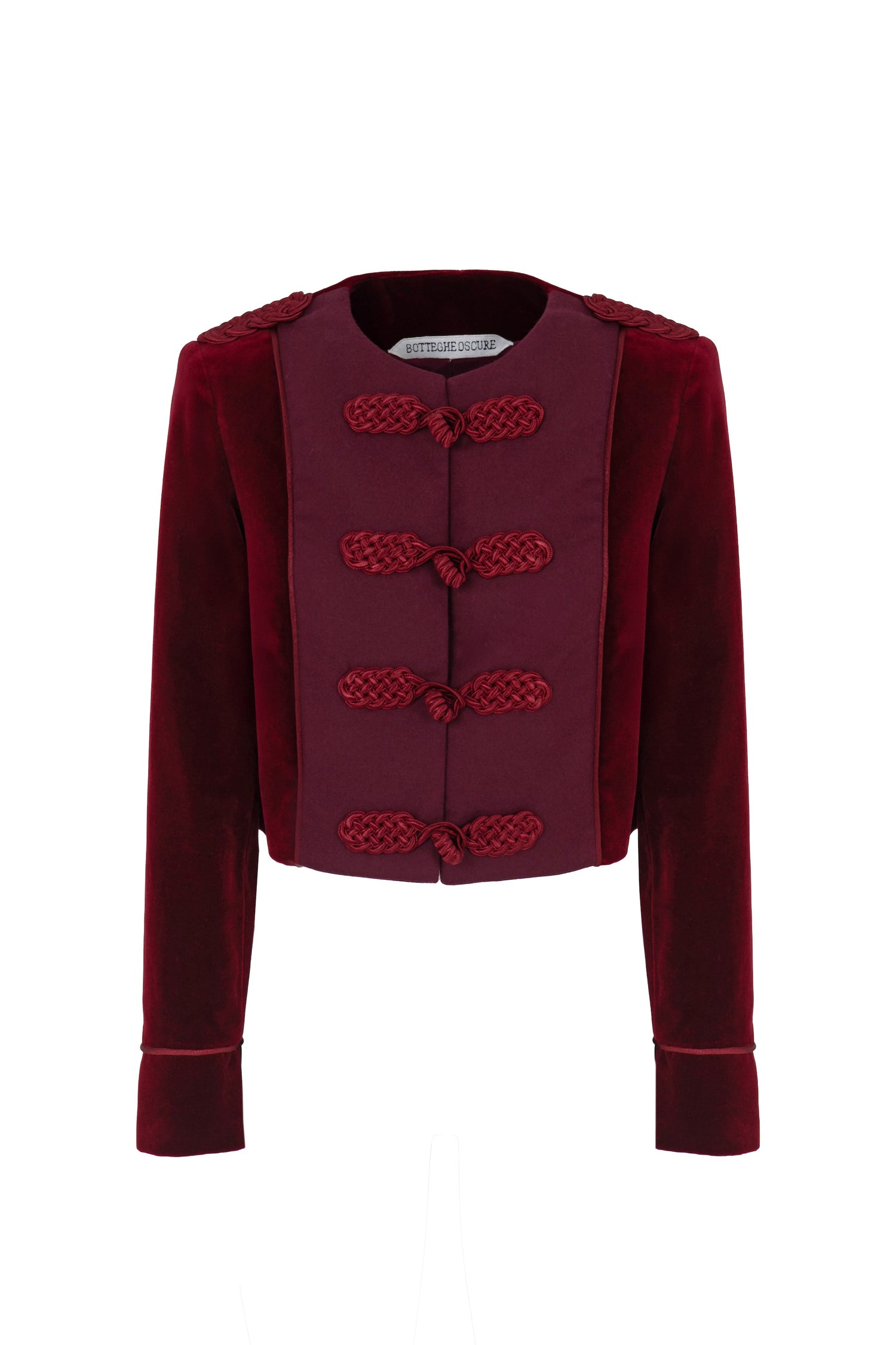 Botteghe Oscure Brandebourg jacket in bordeaux velvet with handcrafted braided frog closures, cropped boxy silhouette, front view.