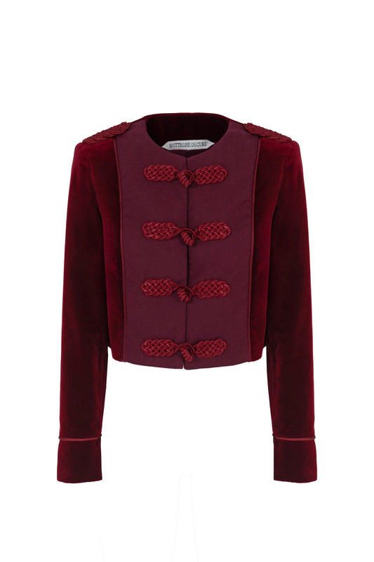 Botteghe Oscure Brandebourg jacket in bordeaux velvet with handcrafted braided frog closures, cropped boxy silhouette, front view.