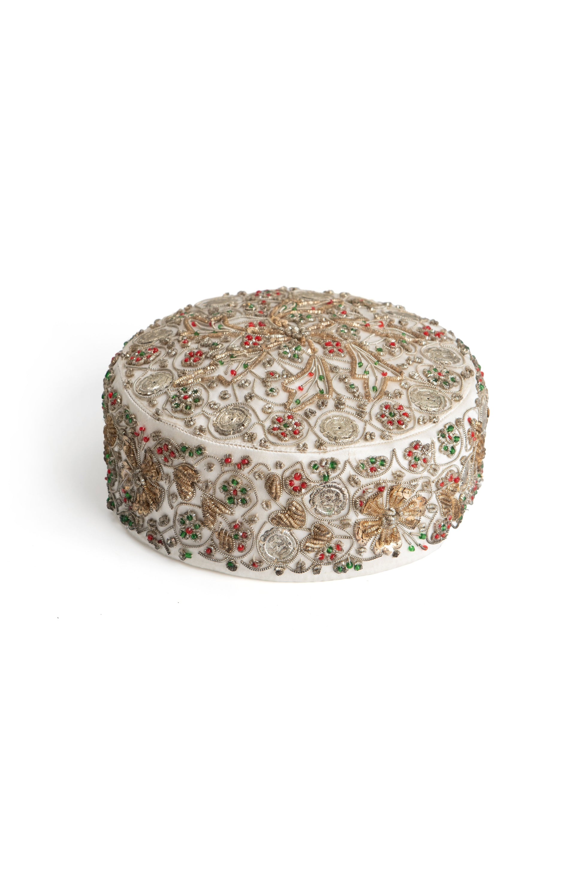 Smoking hat crafted from vintage silk, hand-embroidered with zardozi technique featuring floral and medallion motifs in metallic threads and glass beads.