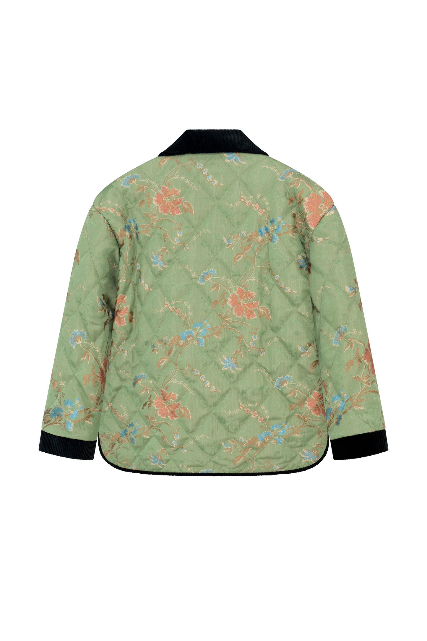 Back view of the Botteghe Oscure quilted jacket featuring a green floral lampas pattern inspired by antique chinoiseries.
