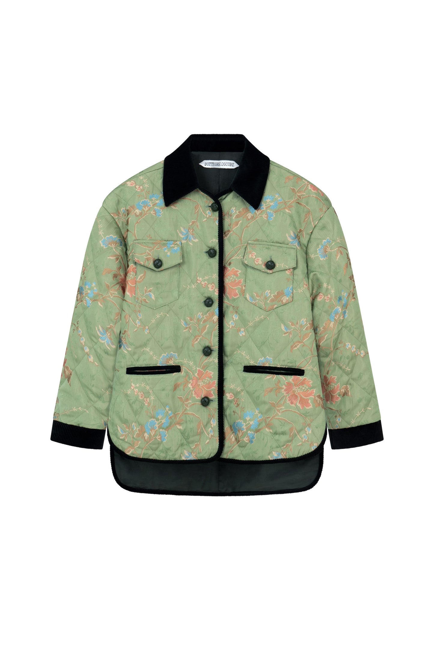 Front view of the Botteghe Oscure workwear quilted jacket in green loral lampas cotton with velvet details and leather braided buttons.