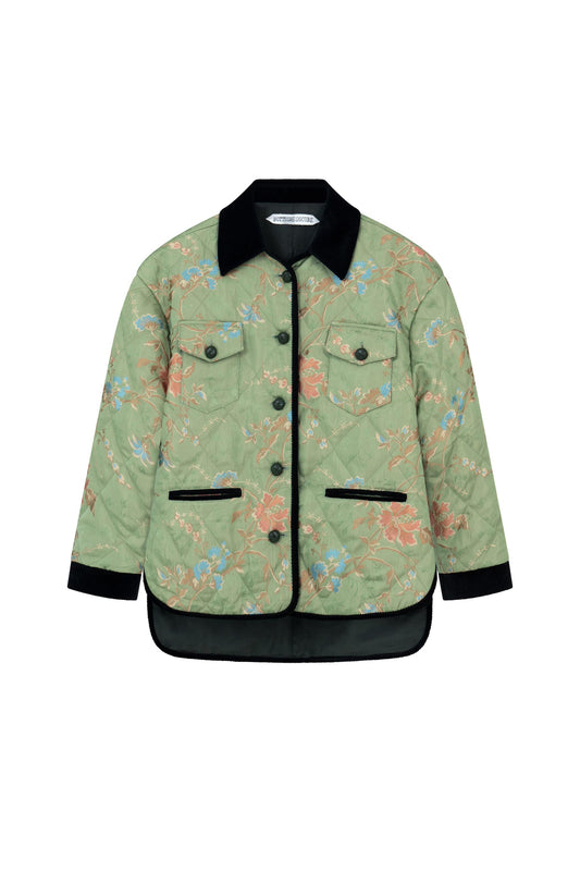Front view of the Botteghe Oscure workwear quilted jacket in green loral lampas cotton with velvet details and leather braided buttons.