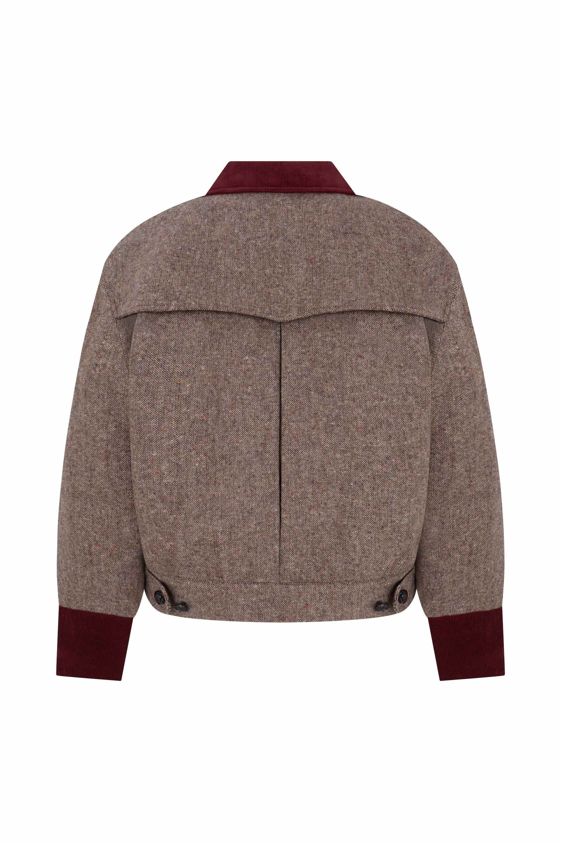 Oversized tweed bomber jacket front view with velvet details Botteghe Oscure
