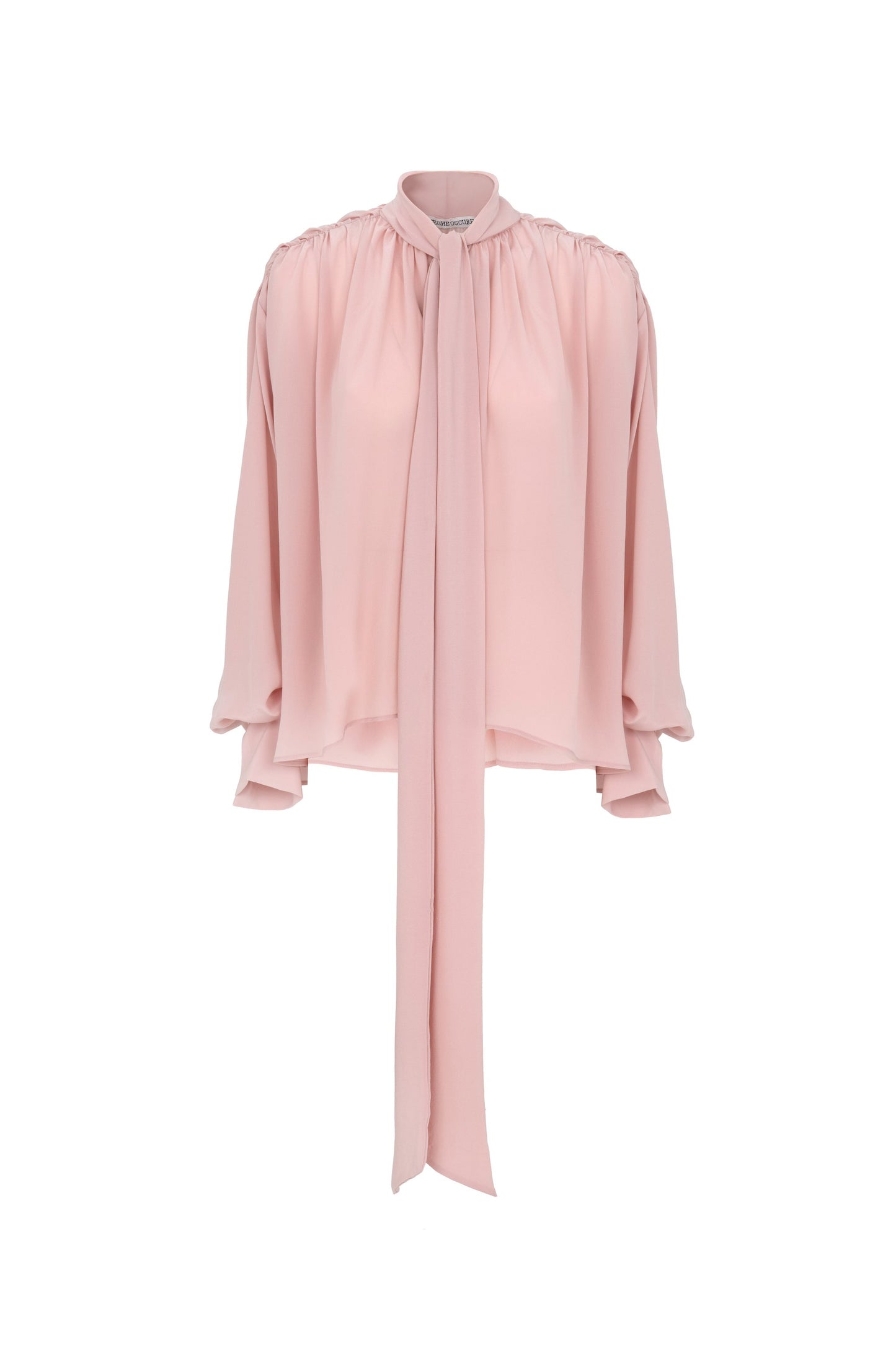 Front view of silk crepe de chine blouse with lavallière bow and ruched shoulders in blush pink by Botteghe Oscure