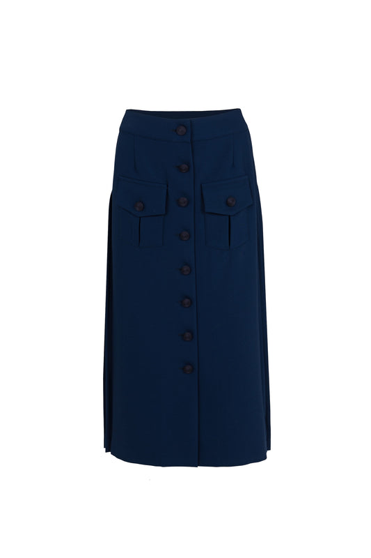 Botteghe Oscure Plissé Dos skirt in wool charmelaine, front view.