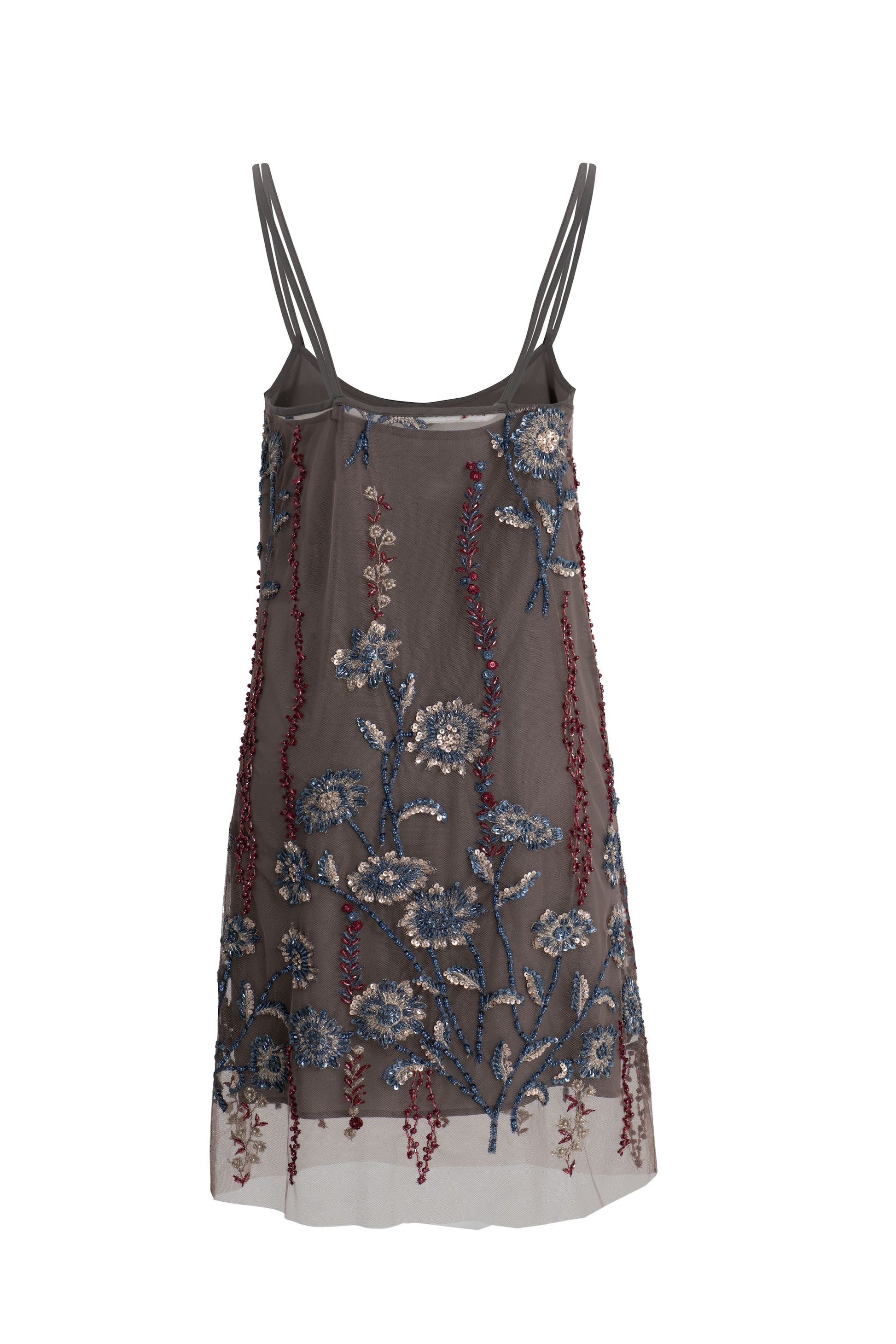 Botteghe Oscure vintage embroidered tulle tank dress, back packshot showing spaghetti straps and sheer construction