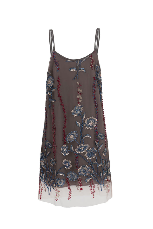 Botteghe Oscure vintage 1970s hand-embroidered tulle tank dress, floral embroidery with stones and rhinestones, front.