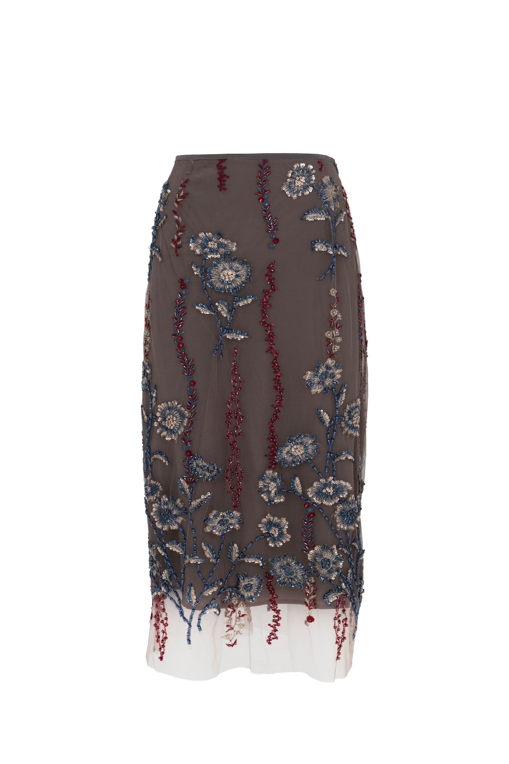 Botteghe Oscure vintage 1970s hand-embroidered tulle skirt, floral embroidery with stones and rhinestones, back.