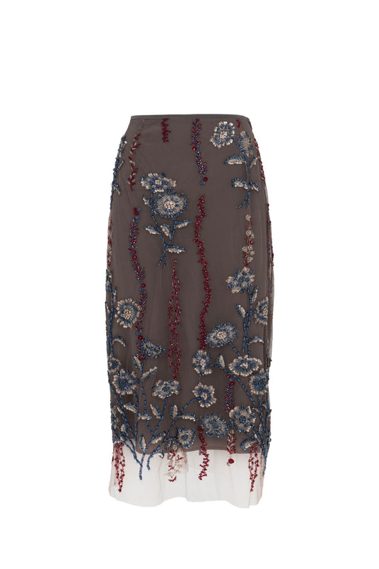 Botteghe Oscure vintage 1970s hand-embroidered tulle skirt, floral embroidery with stones and rhinestones, back.
