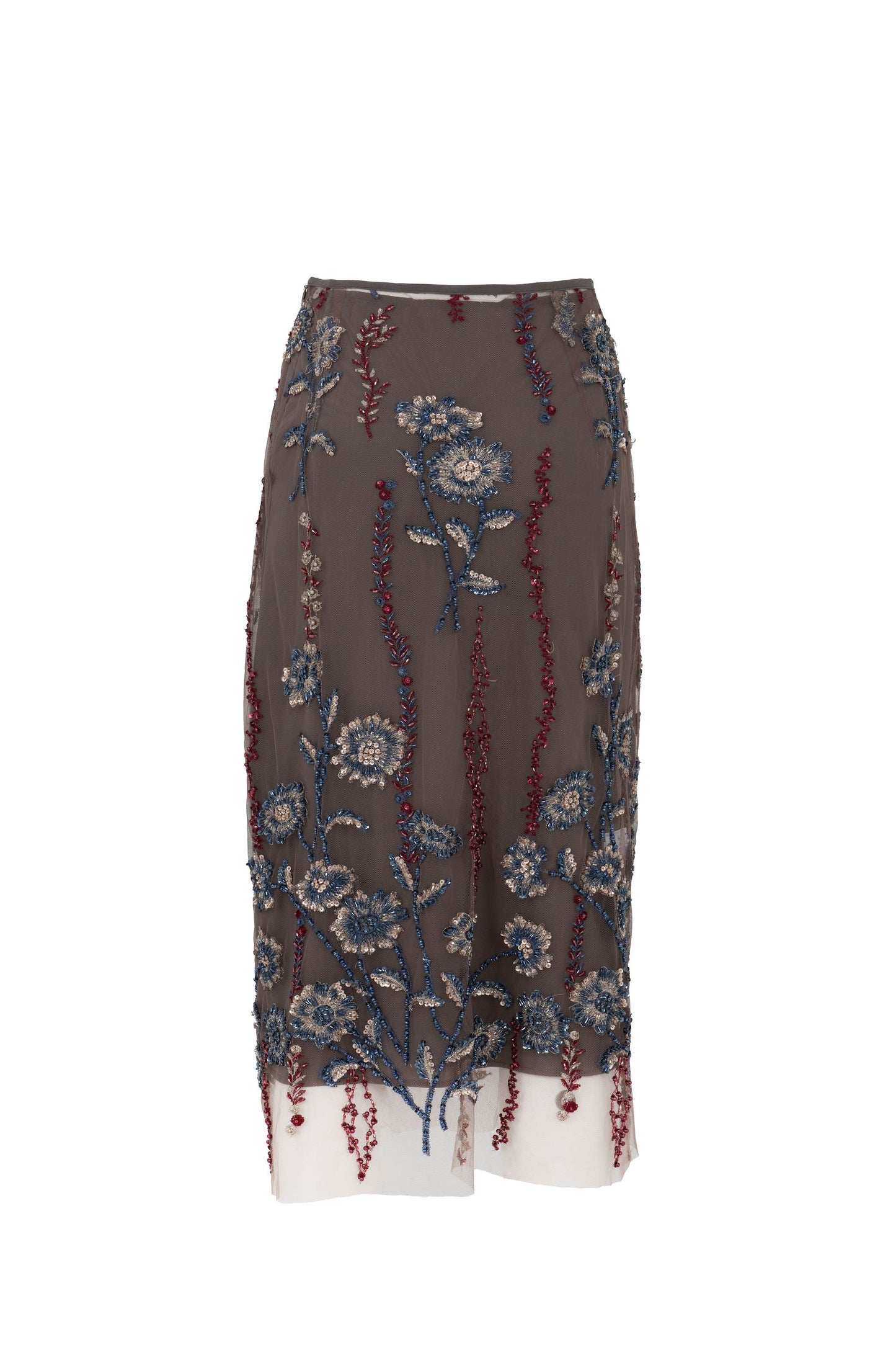 Botteghe Oscure vintage 1970s hand-embroidered tulle skirt, floral embroidery with stones and rhinestones, front.