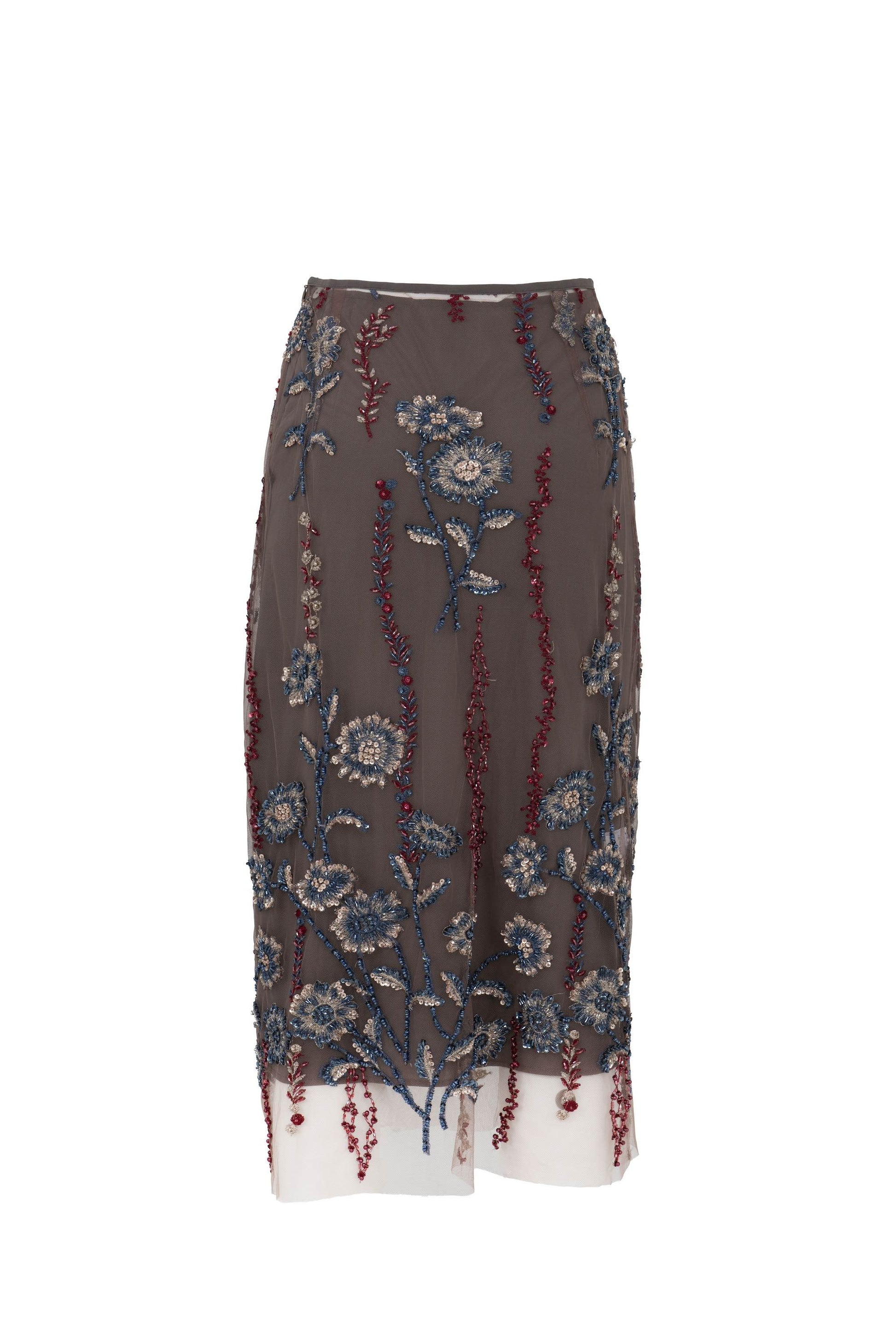 Botteghe Oscure vintage 1970s hand-embroidered tulle skirt, floral embroidery with stones and rhinestones, front.