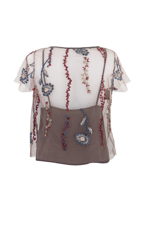 Botteghe Oscure t-shirt made of vintage embroidered tulle with a silk tank top included, back view.