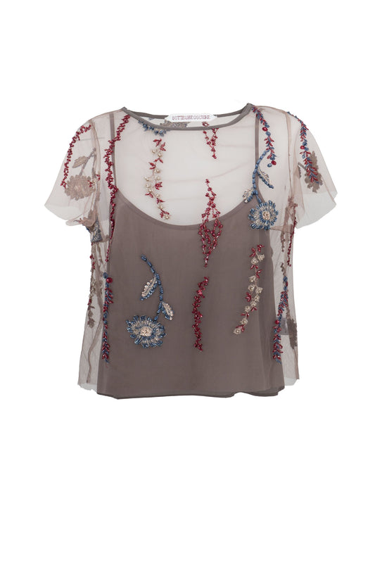 Botteghe Oscure t-shirt made of vintage embroidered tulle with a silk tank top included, front view.