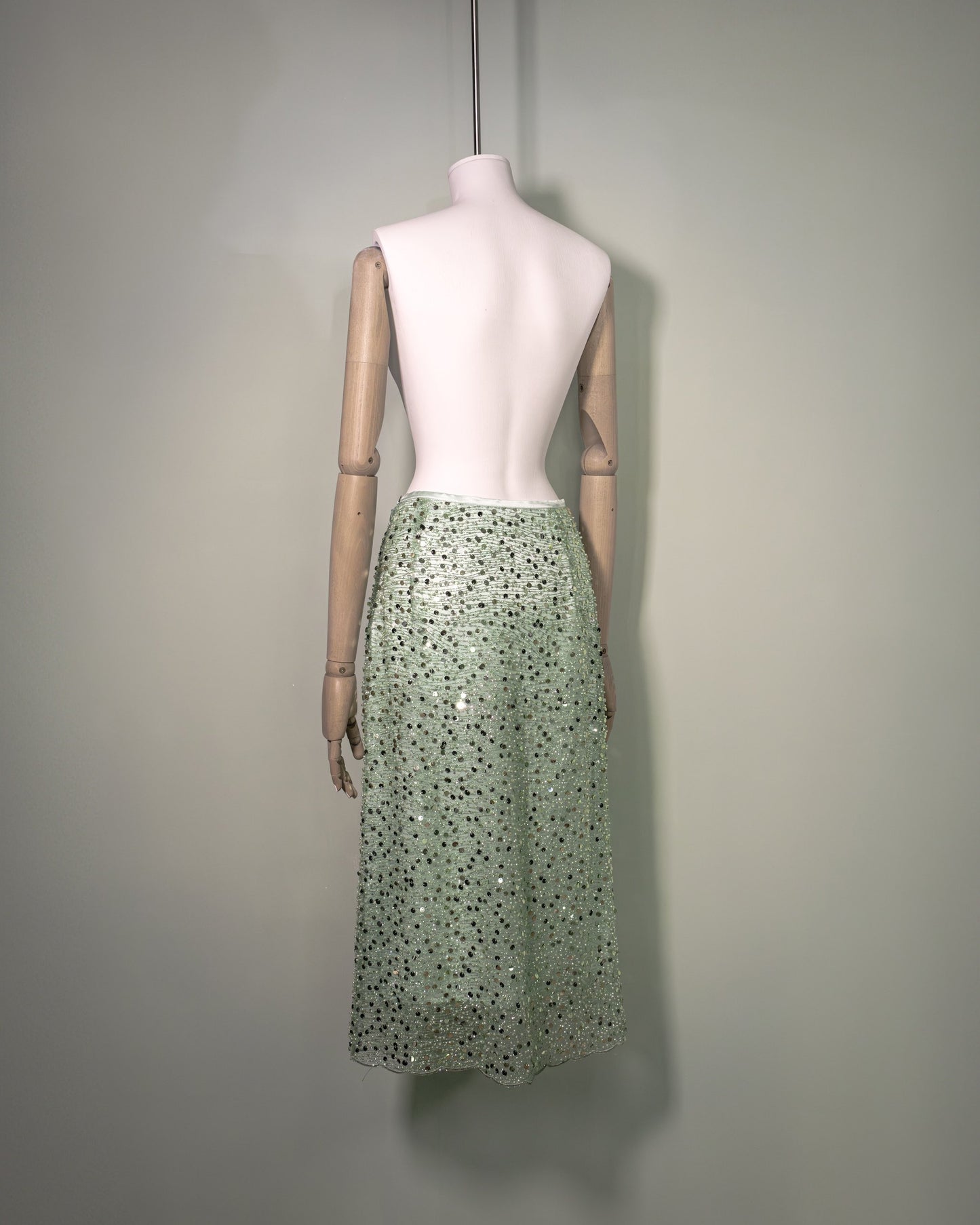 Botteghe Oscure embroidered sequins and beeds skirt with silk lining, back.